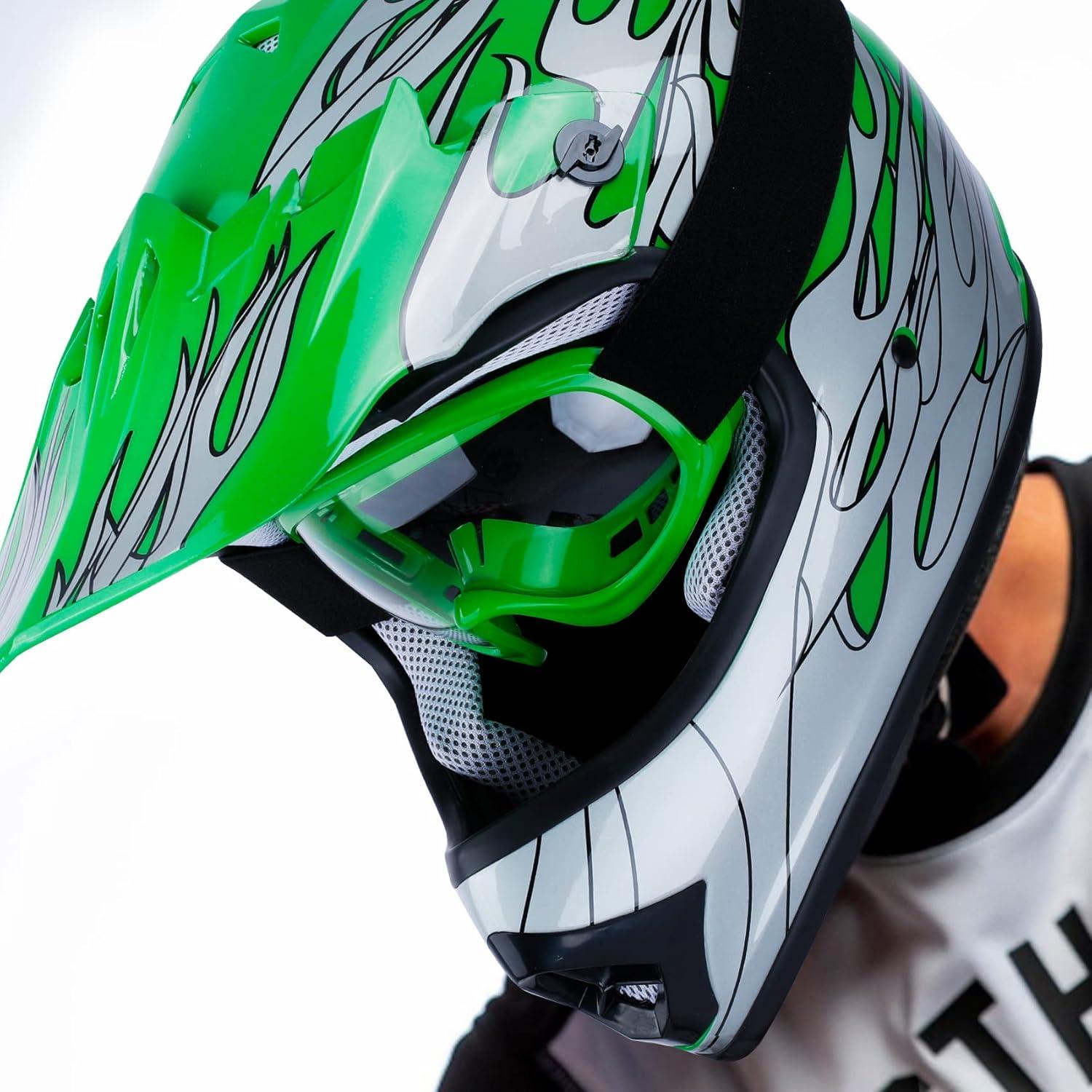Casco SLMOTO Juvenil X-Grande Llama Verde + Gafas + Guantes