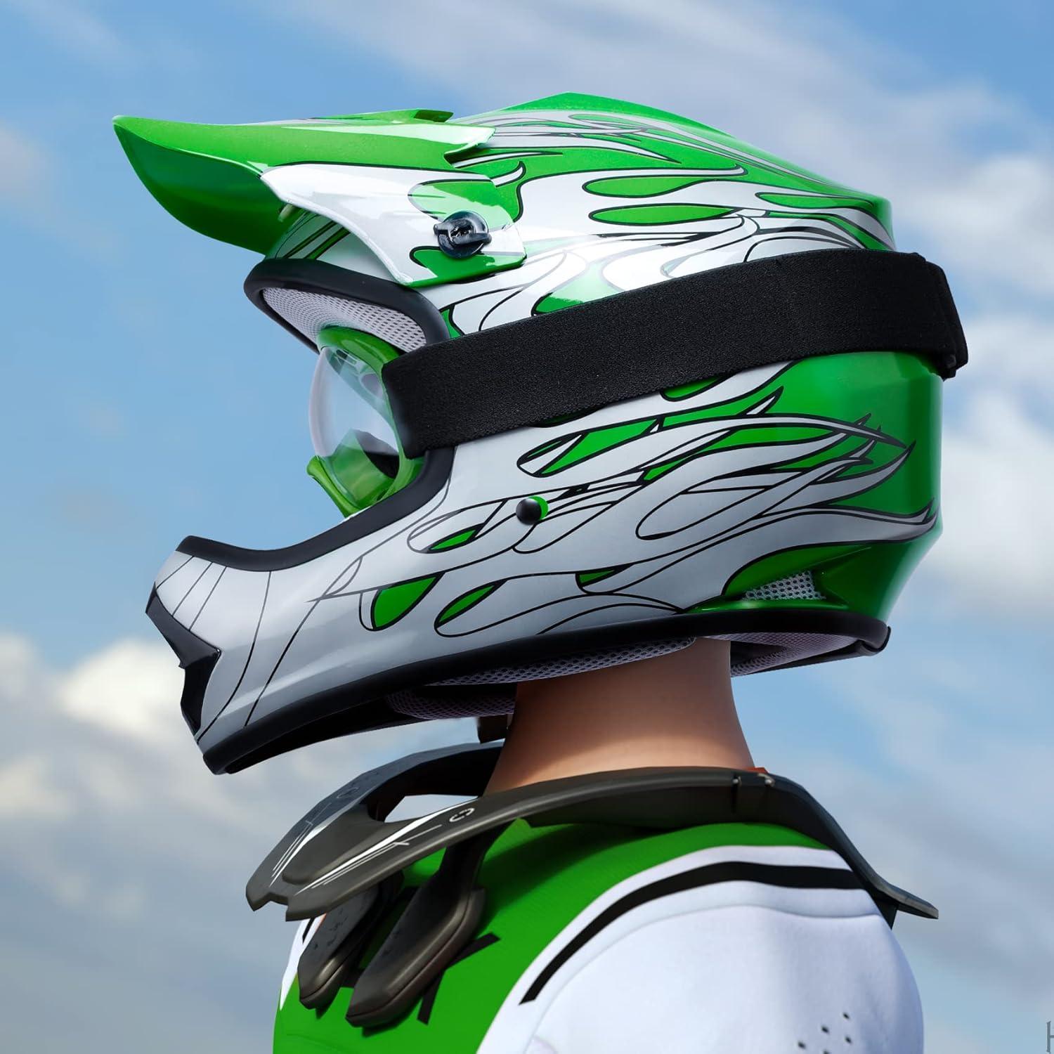 Casco SLMOTO Juvenil X-Grande Llama Verde + Gafas + Guantes