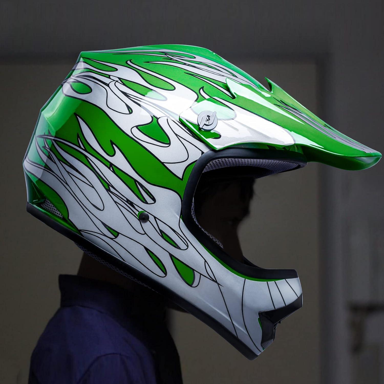 Casco SLMOTO Juvenil X-Grande Llama Verde + Gafas + Guantes
