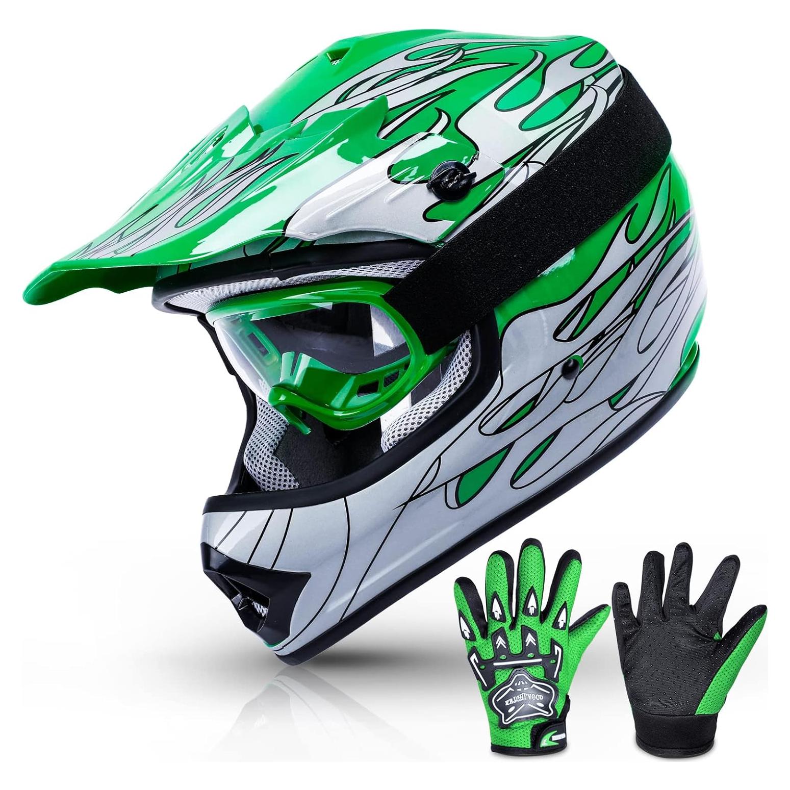 Casco de Motocross SLMOTO Juvenil Verde Llama + Gafas y Guantes