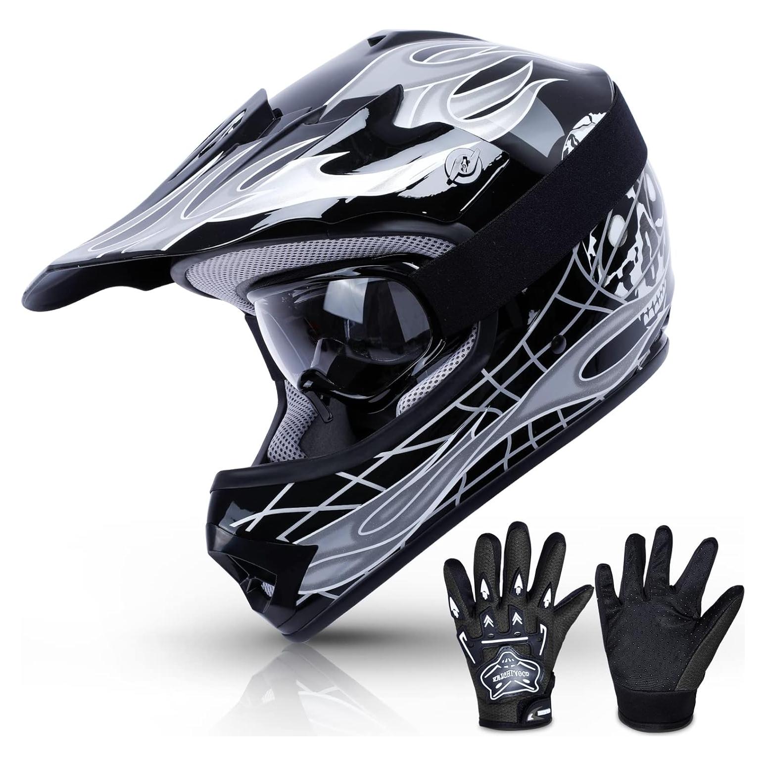 Casco SLMOTO Juvenil Mediano Calavera Negra + Gafas y Guantes