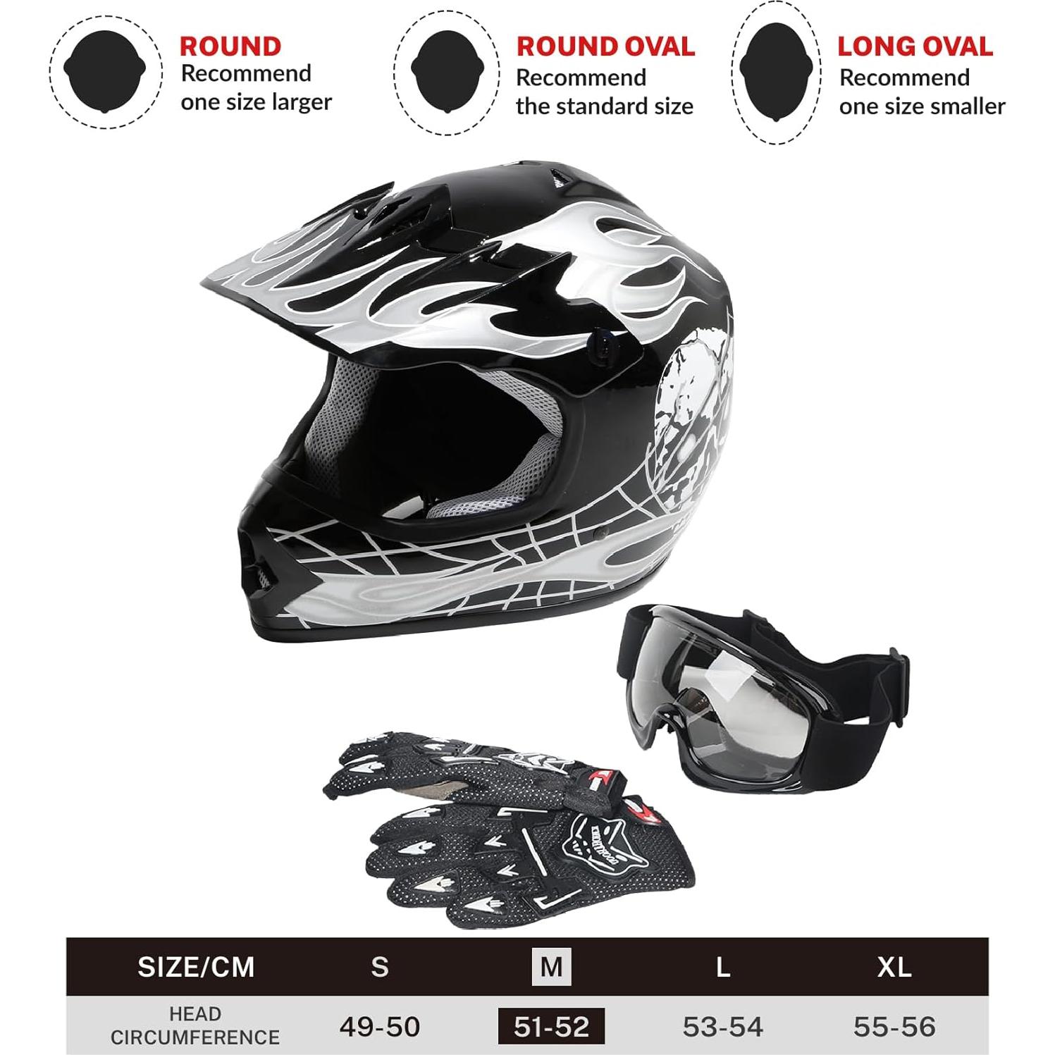 Casco SLMOTO Juvenil Mediano Calavera Negra + Gafas y Guantes