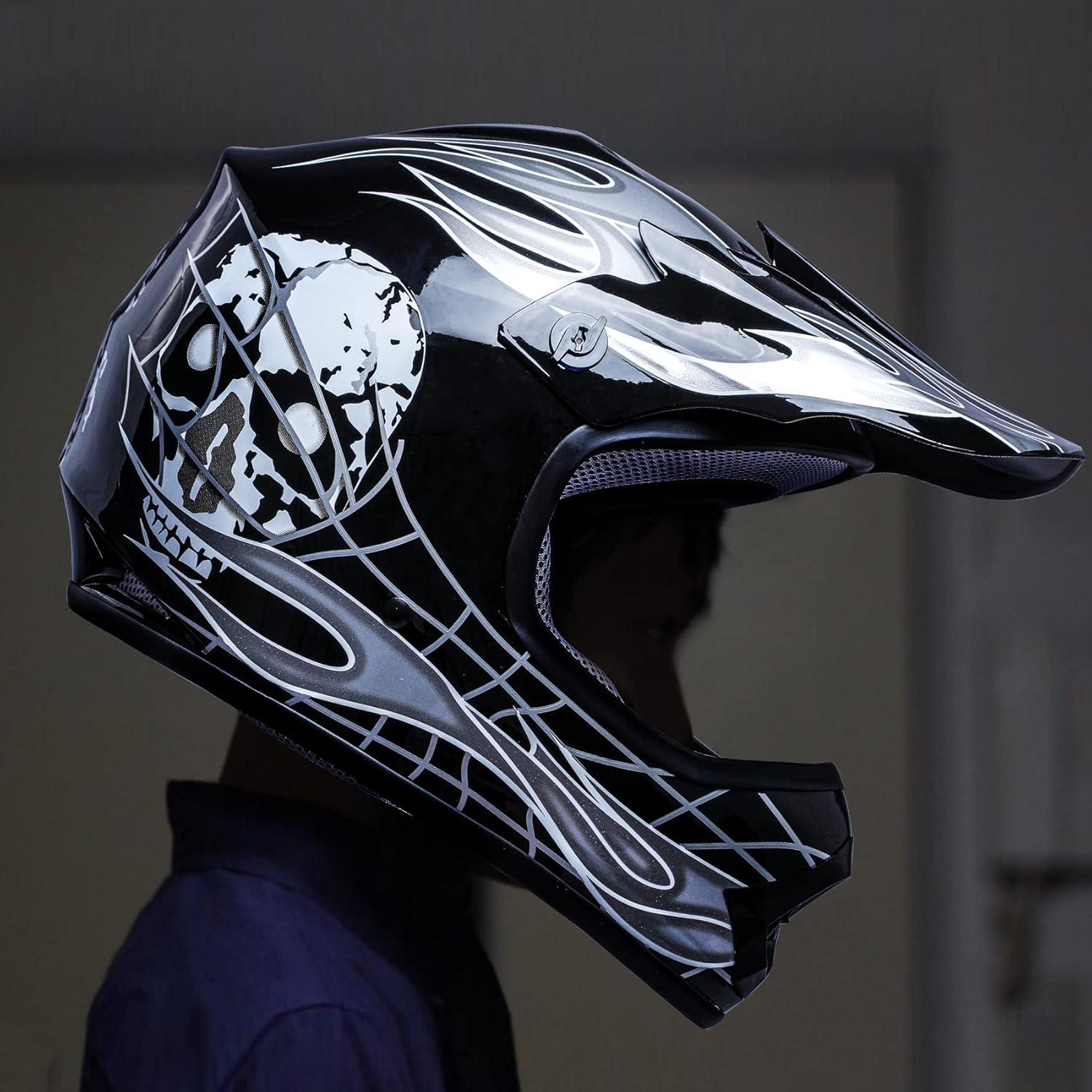 Casco SLMOTO Juvenil Mediano Calavera Negra + Gafas y Guantes