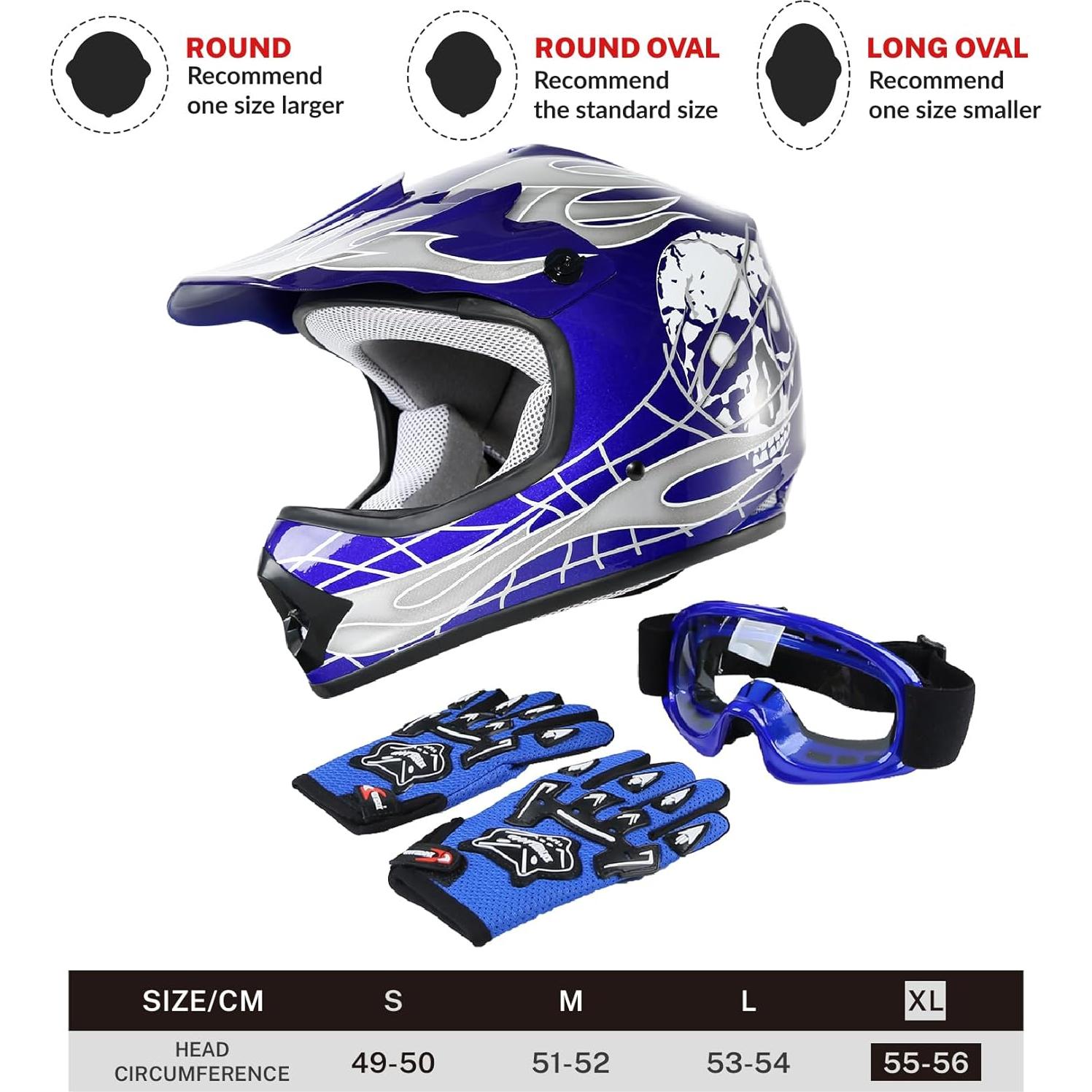 Casco SLMOTO Juvenil X-Large Azul Calavera + Gafas y Guantes