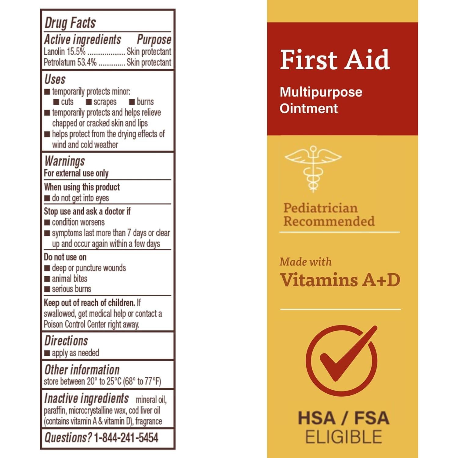 A+D First Aid Multipurpose Healing Ointment - Moisturizing Skin Protectant for Dry Cracked Heels, Elbows, Hands and Lips - Protects Minor Cuts, Burns, & Scrapes – 4 oz Tube