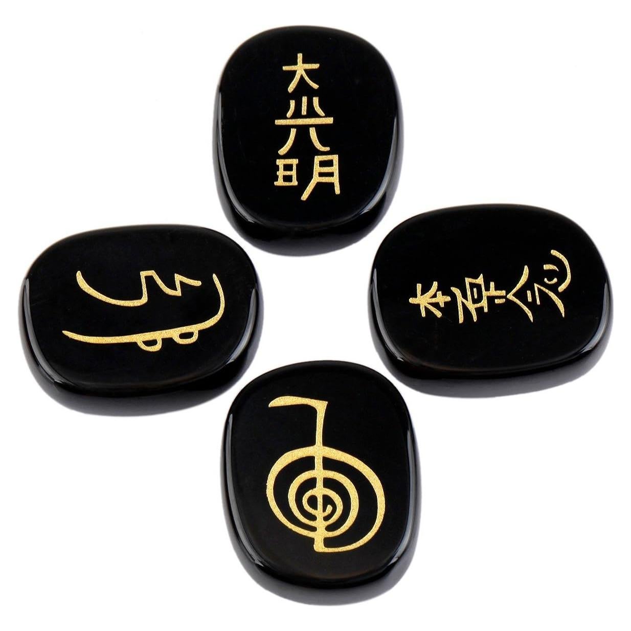 Rockcloud Healing Crystal Black Agate 4pcs Engraved Chakra Stones Palm Stone Reiki Balancing