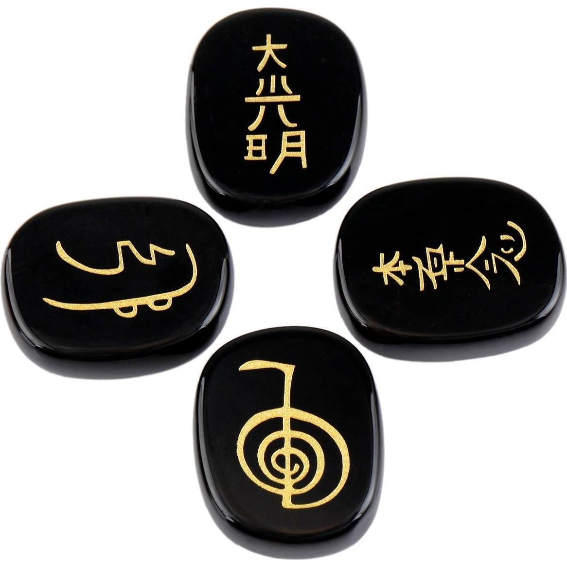 Rockcloud Healing Crystal Black Agate 4pcs Engraved Chakra Stones Palm Stone Reiki Balancing