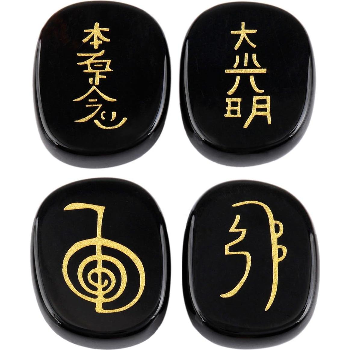 Rockcloud Healing Crystal Black Agate 4pcs Engraved Chakra Stones Palm Stone Reiki Balancing