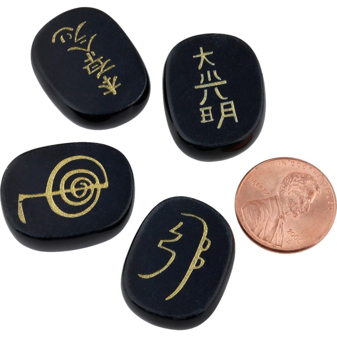 Rockcloud Healing Crystal Black Agate 4pcs Engraved Chakra Stones Palm Stone Reiki Balancing