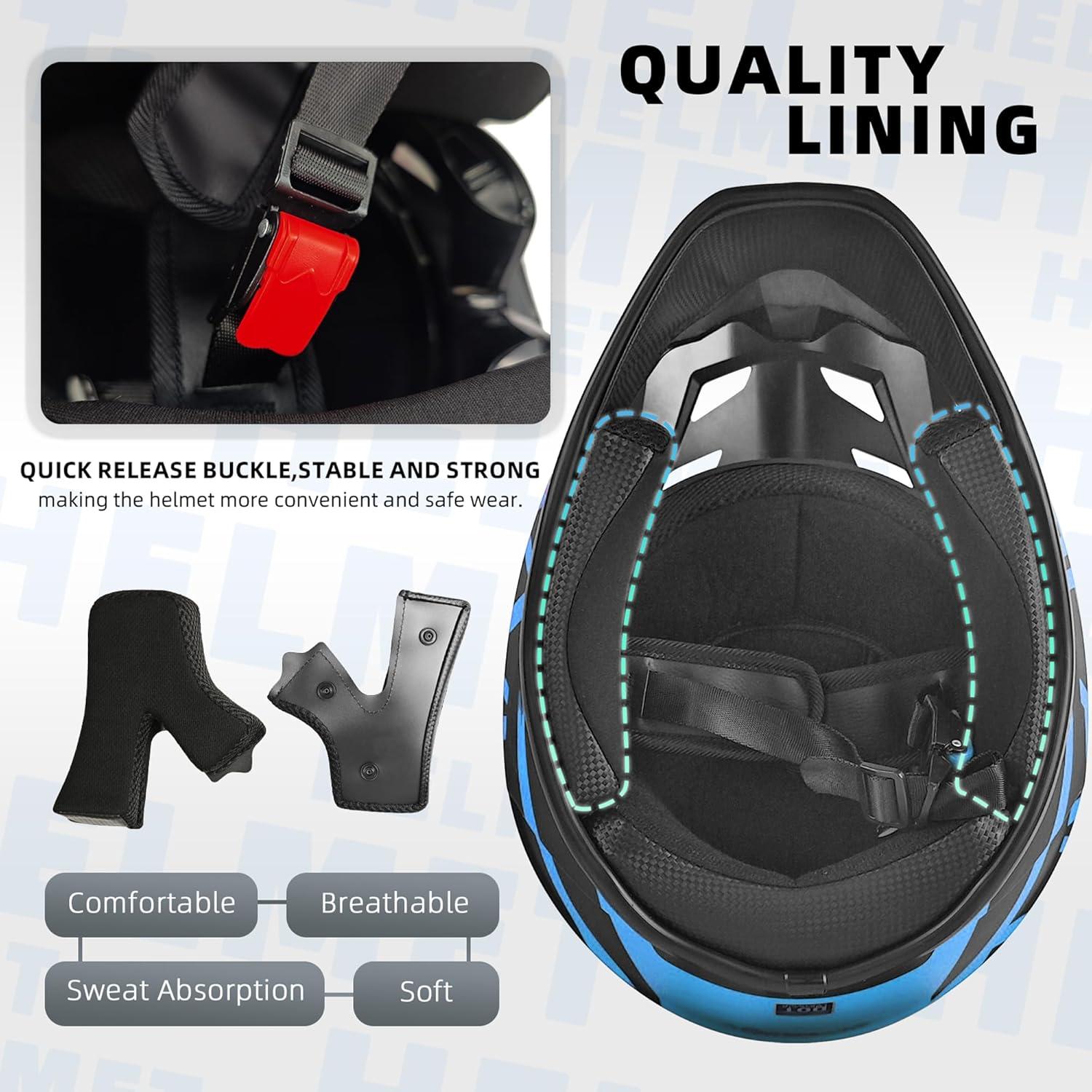 Motocross Helmet,Youth & Adult ATV Dirt Bike Motorcycle Helmet,BMX 4-Wheeler Off-Road Mountain Bike Helmet,DOT Certified,W/Gloves Goggles Mask 4-Piece Set (01 Blue, Small)