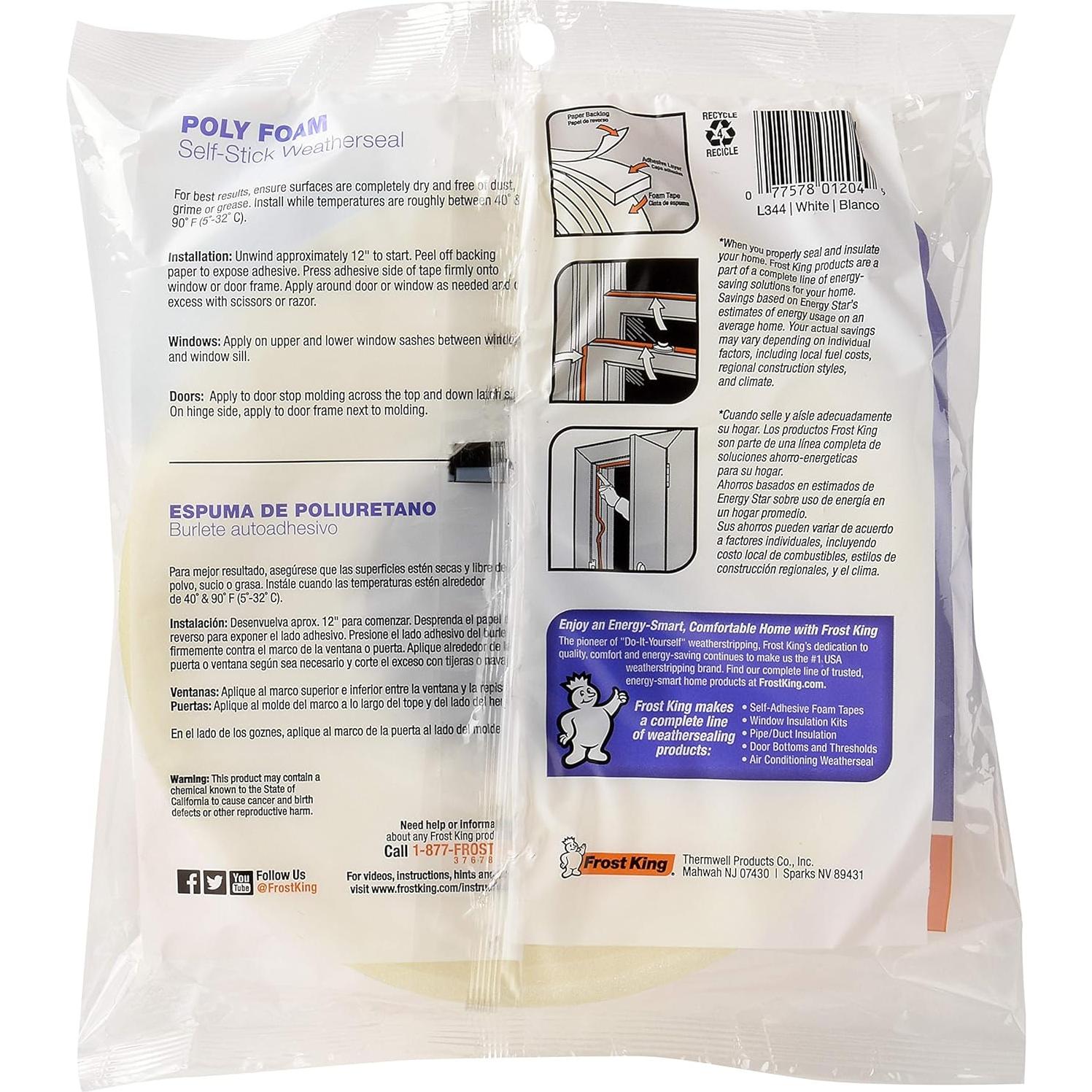 Cinta de sellado de clima Frost King L344H 3.81cm x 0.64cm x 5.18m