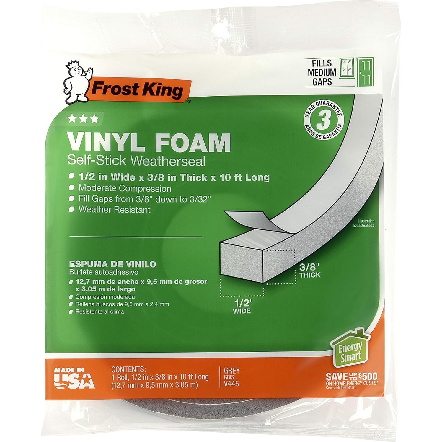 Vinyl Foam Tape - Closed Cell - Moderate Compression, 1/2 W", 3/8" Thick, 10' L, Grey