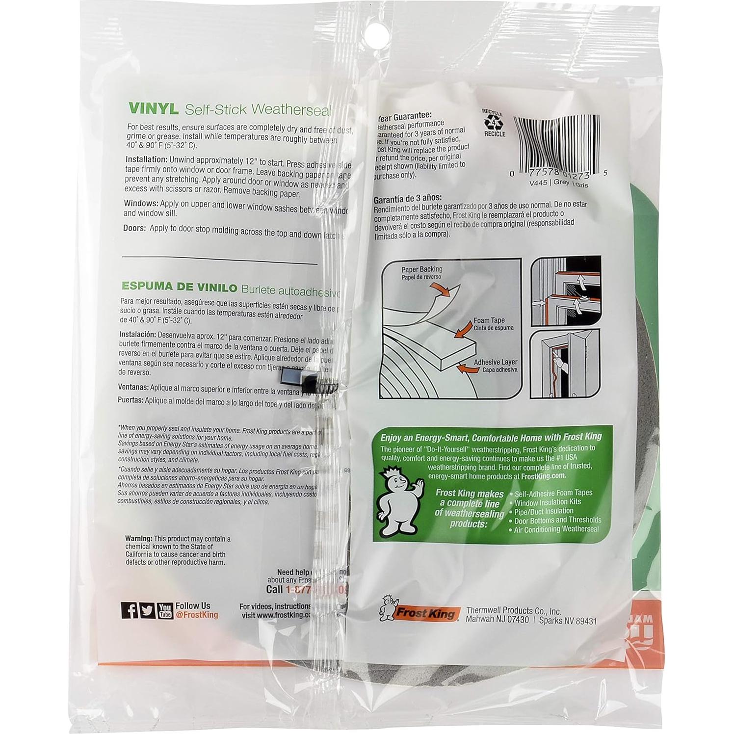 Vinyl Foam Tape - Closed Cell - Moderate Compression, 1/2 W", 3/8" Thick, 10' L, Grey