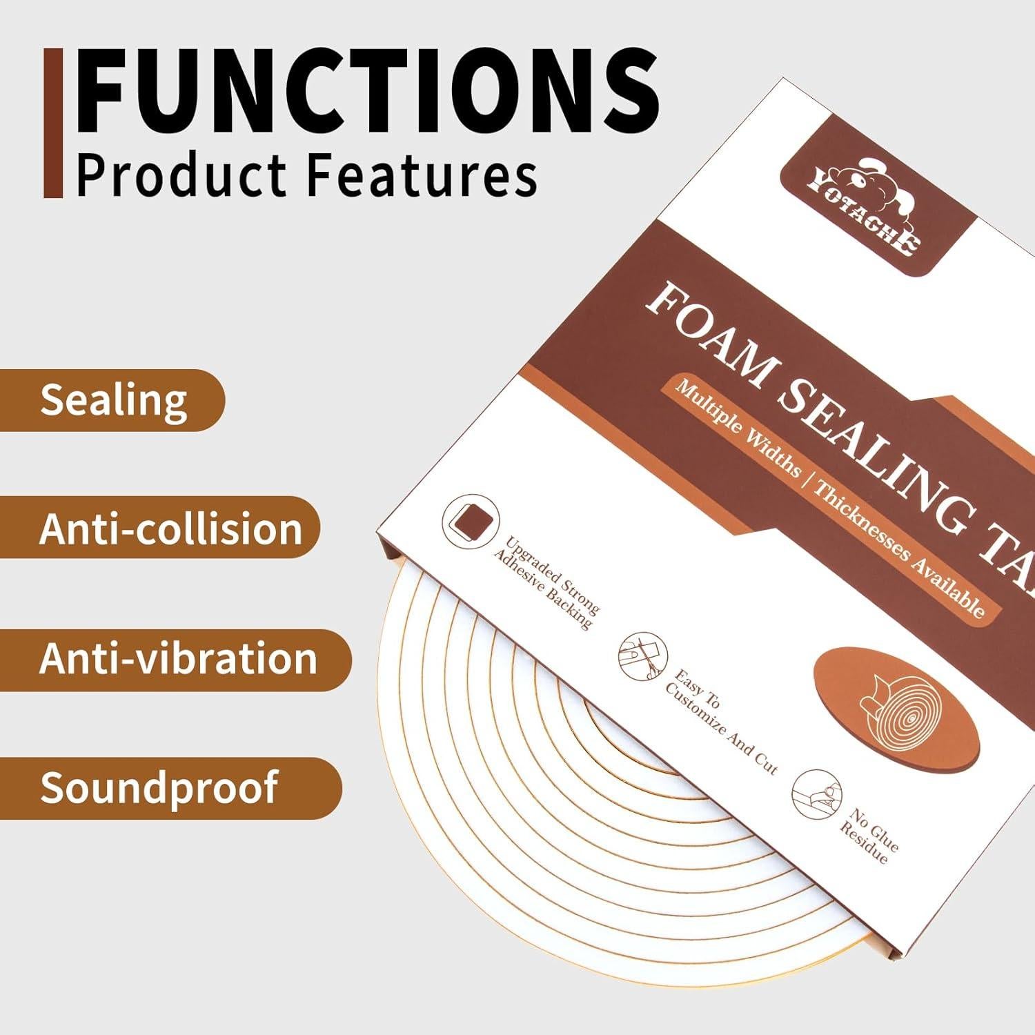 Cinta de Aislamiento de Espuma Yotache 3/8" x 1/8" - 50 pies