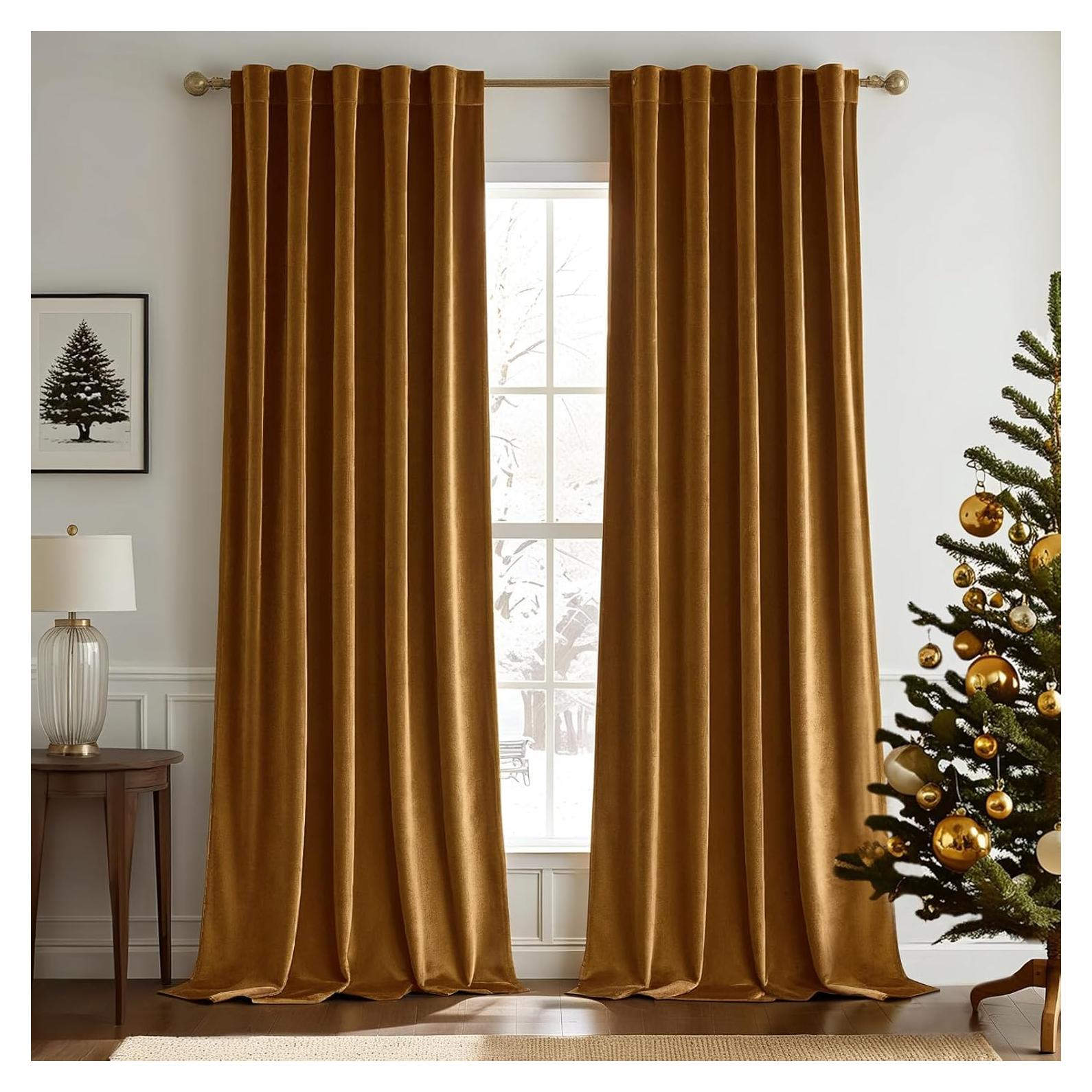Woaboy Back Tab & Rod Pocket Velvet Curtains 84 Inches Long 2 Panels Set, Gold Brown Classical Thermal Insulated Light Blocking Window Drapes for Bedroom Living Room Nursery Privacy, W52 x L84