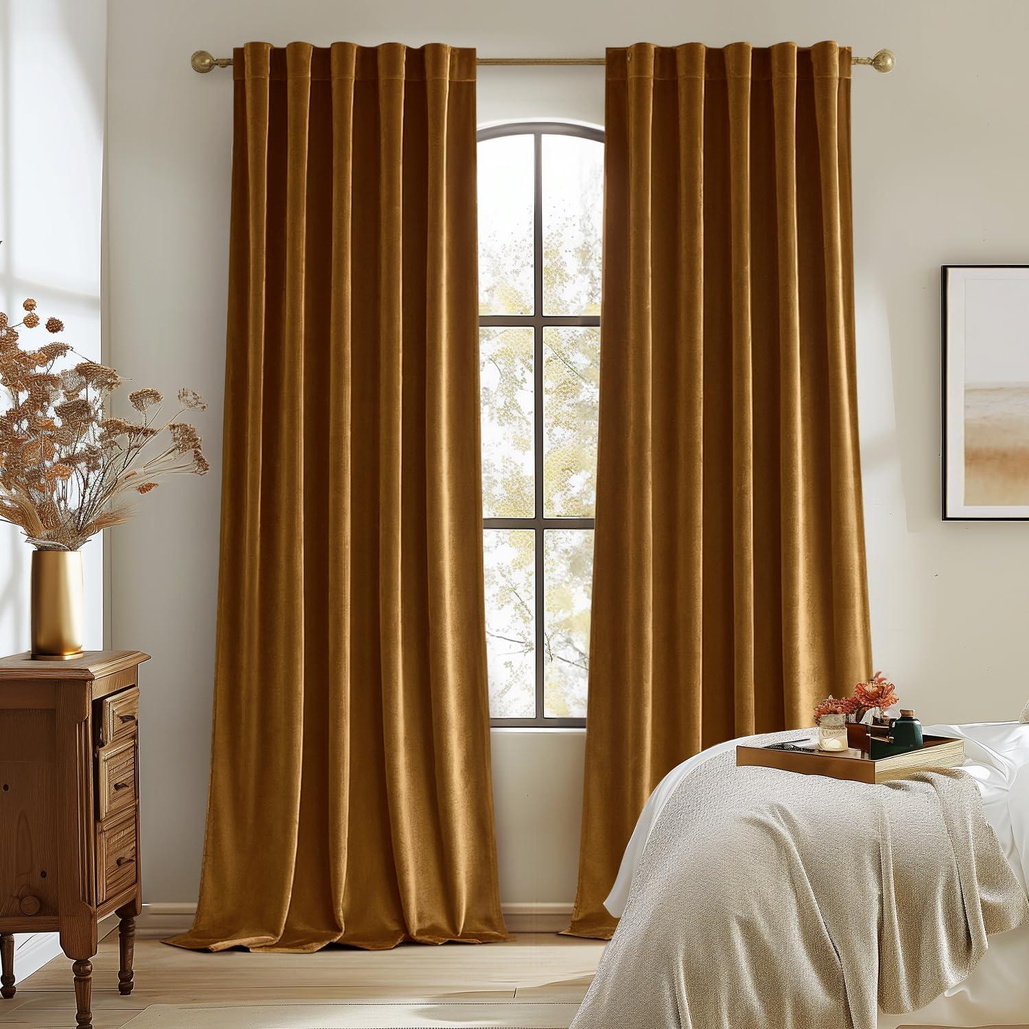 Woaboy Back Tab & Rod Pocket Velvet Curtains 84 Inches Long 2 Panels Set, Gold Brown Classical Thermal Insulated Light Blocking Window Drapes for Bedroom Living Room Nursery Privacy, W52 x L84
