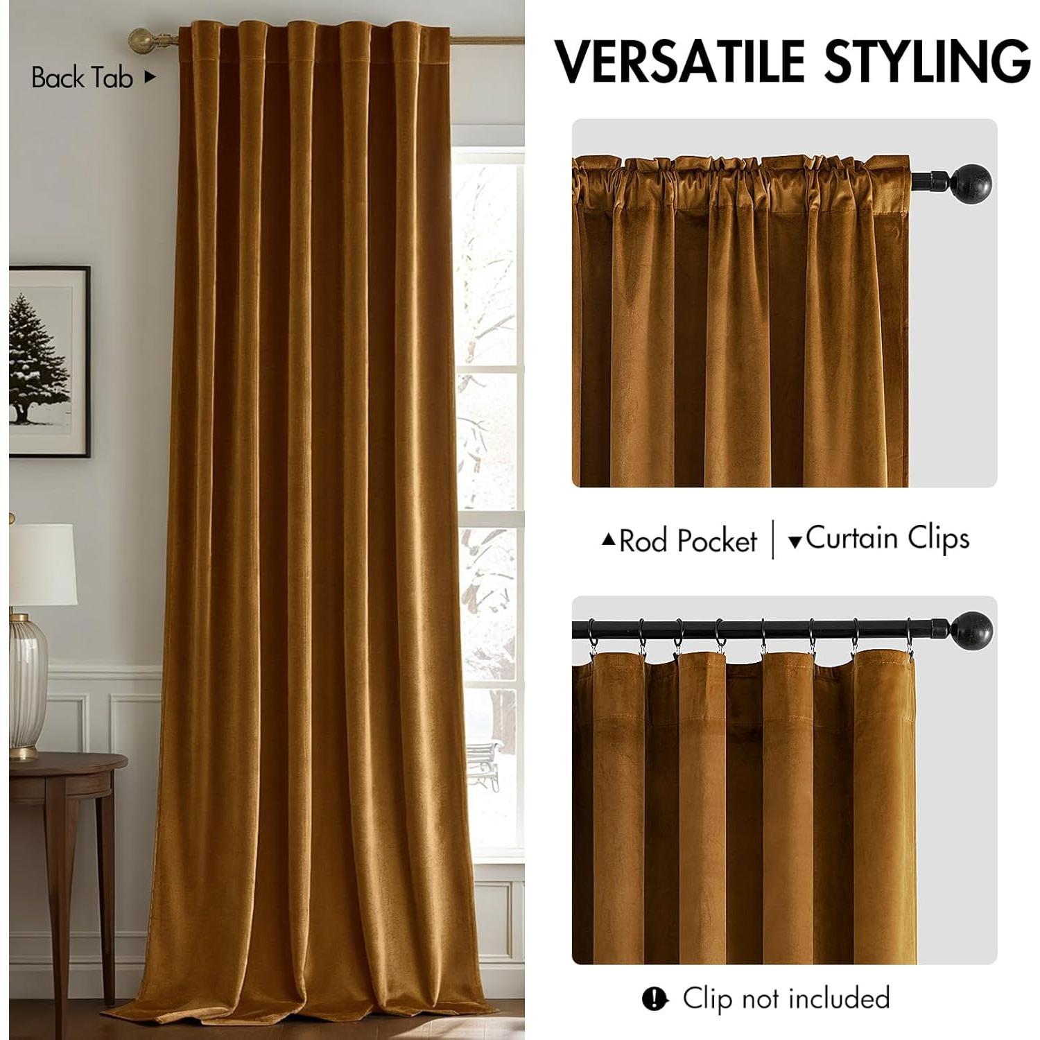 Woaboy Back Tab & Rod Pocket Velvet Curtains 84 Inches Long 2 Panels Set, Gold Brown Classical Thermal Insulated Light Blocking Window Drapes for Bedroom Living Room Nursery Privacy, W52 x L84
