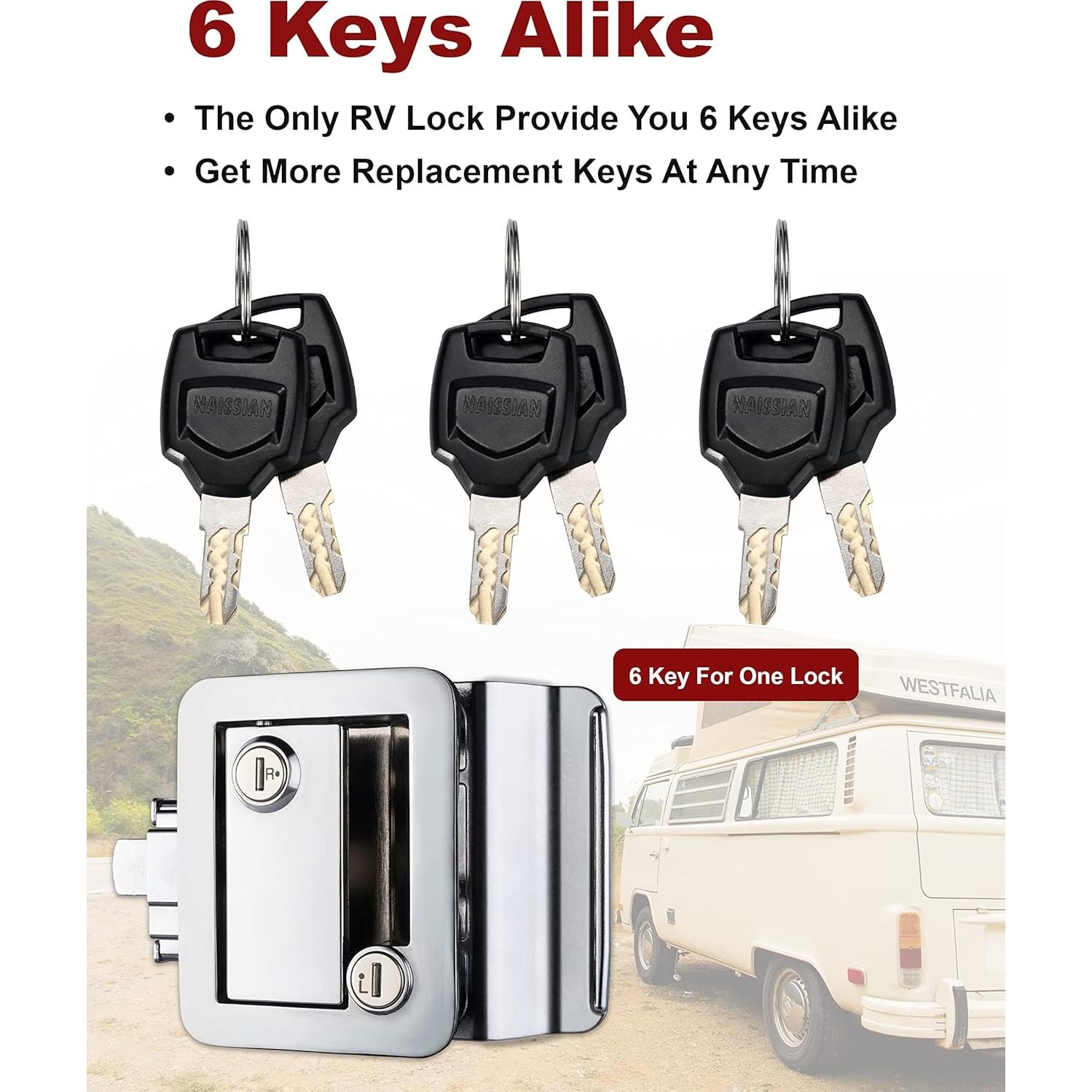 Cerradura de puerta camper Naissian cromo con 6 llaves iguales