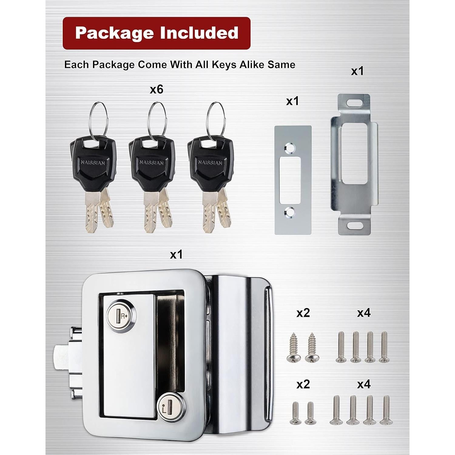 Cerradura de puerta camper Naissian cromo con 6 llaves iguales