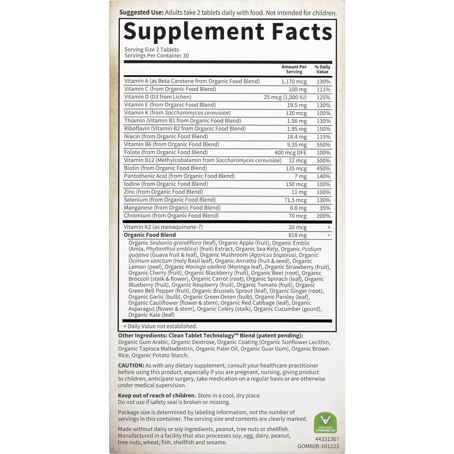 Multivitamínico Orgánico Vegano Jardín de Vida 60 Tabletas