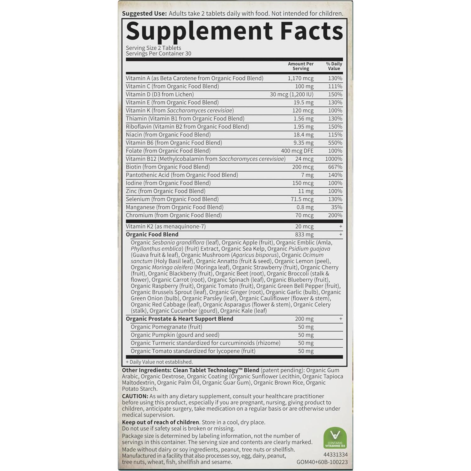 Multivitamínico Orgánico Jardín de Vida para Hombres 40+, 60 Tabletas