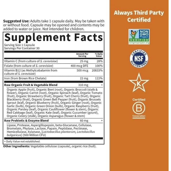 Vitamin Code Suplemento de Hierro Crudo 30 Cápsulas 22mg