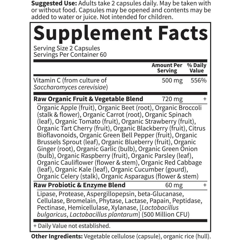 Vitamina C Cruda Jardín de la Vida 500mg 120 Cápsulas Veganas