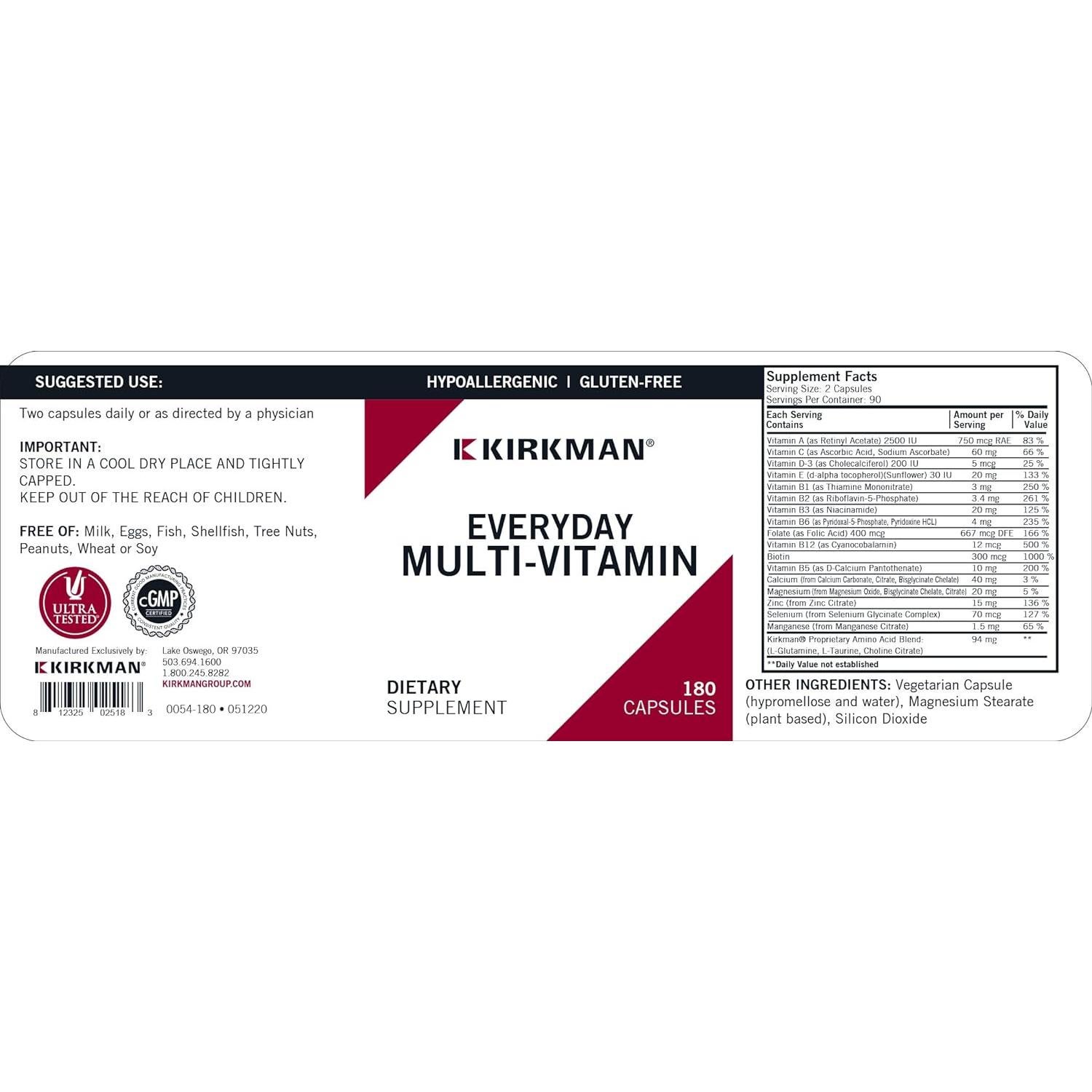 Multivitamínico Diario Kirkman - 180 Cápsulas - Hipoalergénico