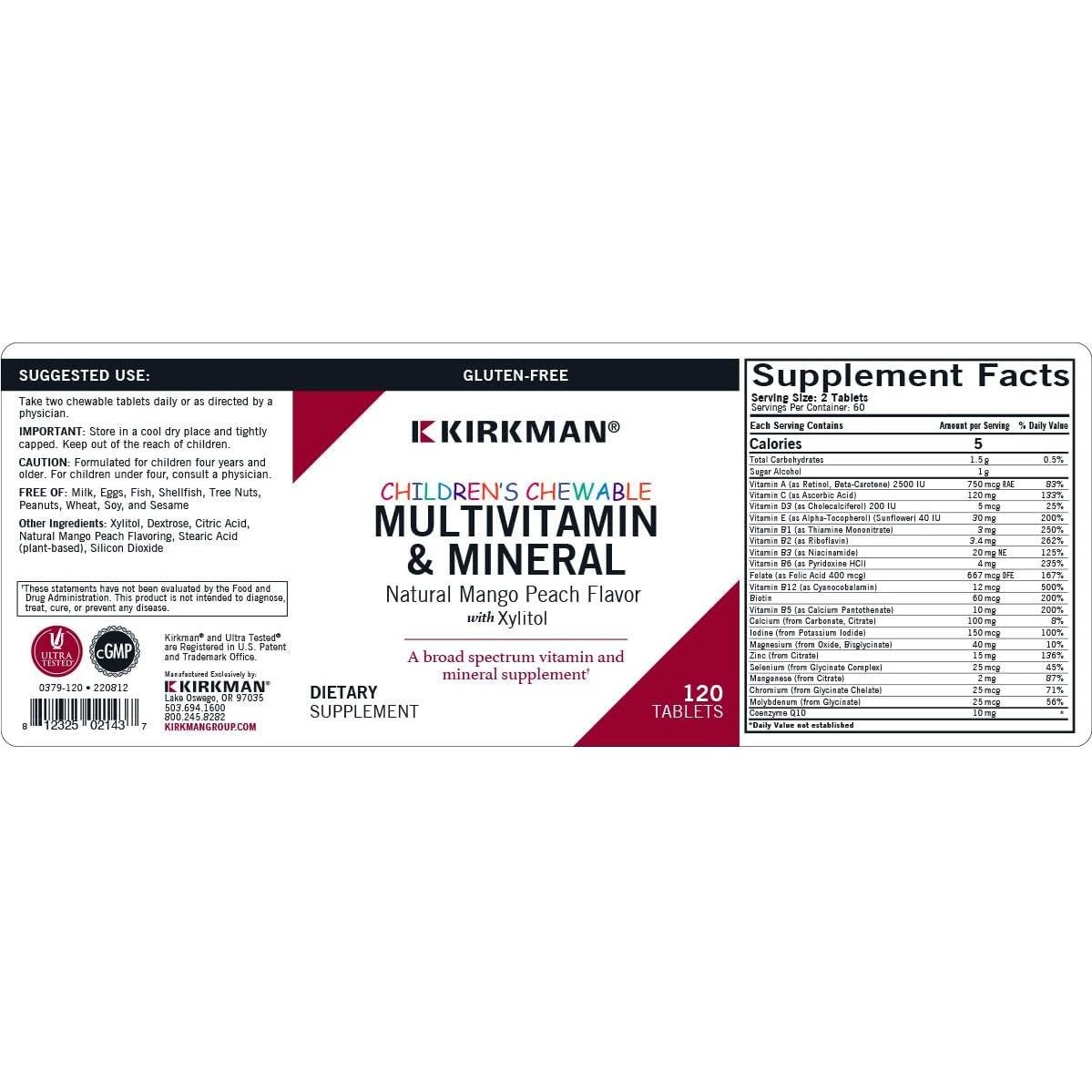 Kirkman Multivitamínico Masticable para Niños 120 Tabletas Sabor Mango