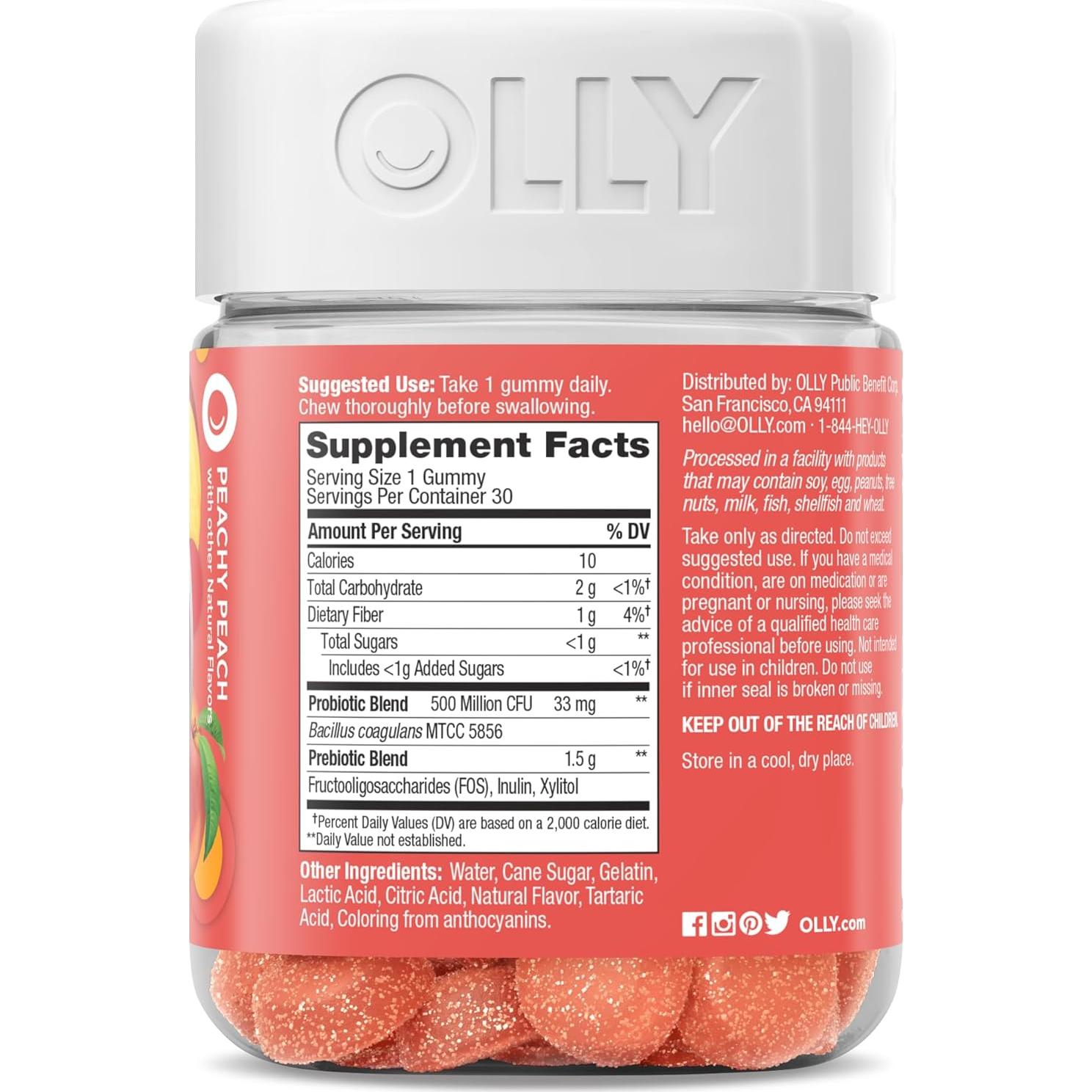 Gomitas Probioticas OLLY con Prebioticos, Sabor Durazno, 30 Unidades
