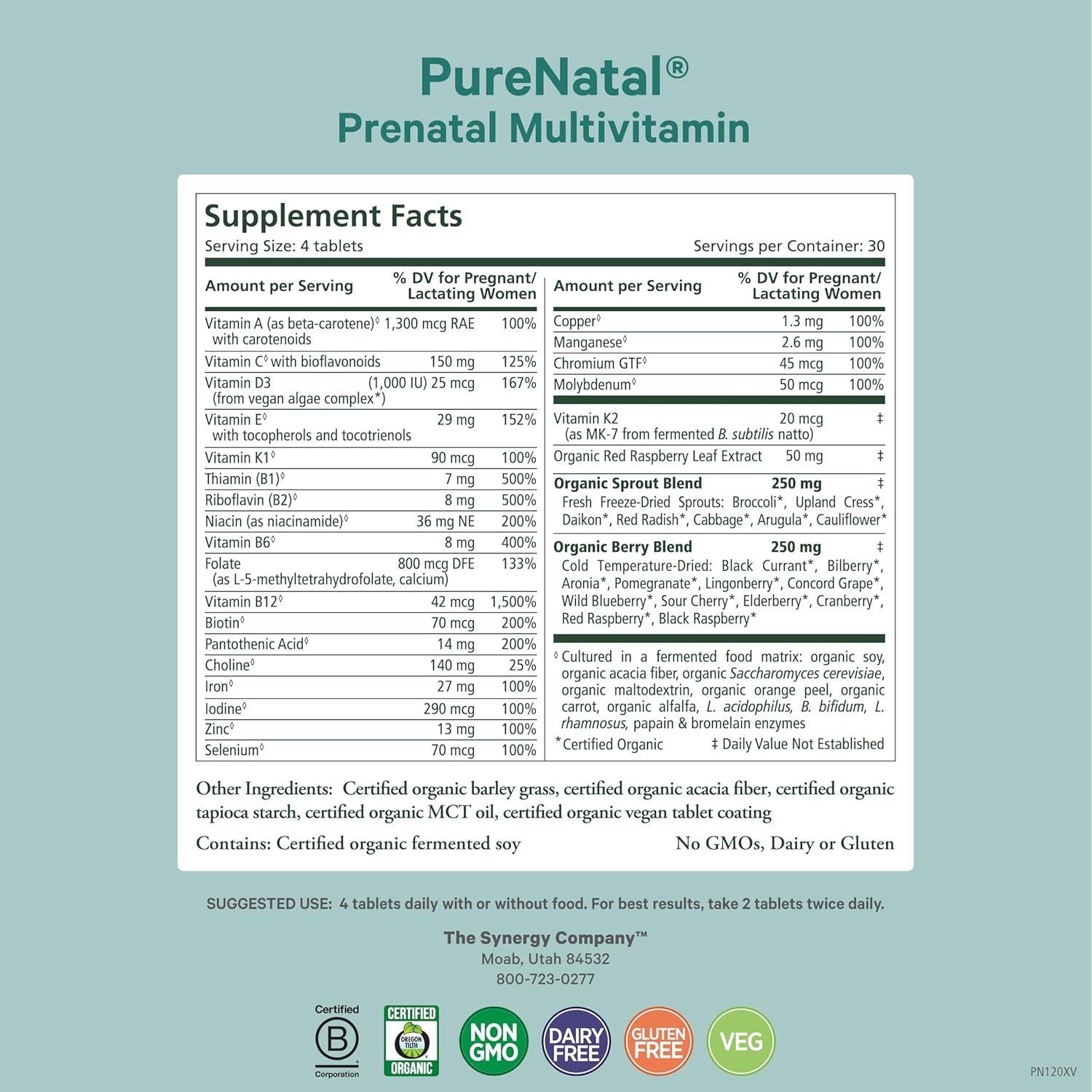 Vitaminas Prenatales PureNatal Synergy 120 Tabletas Veganas