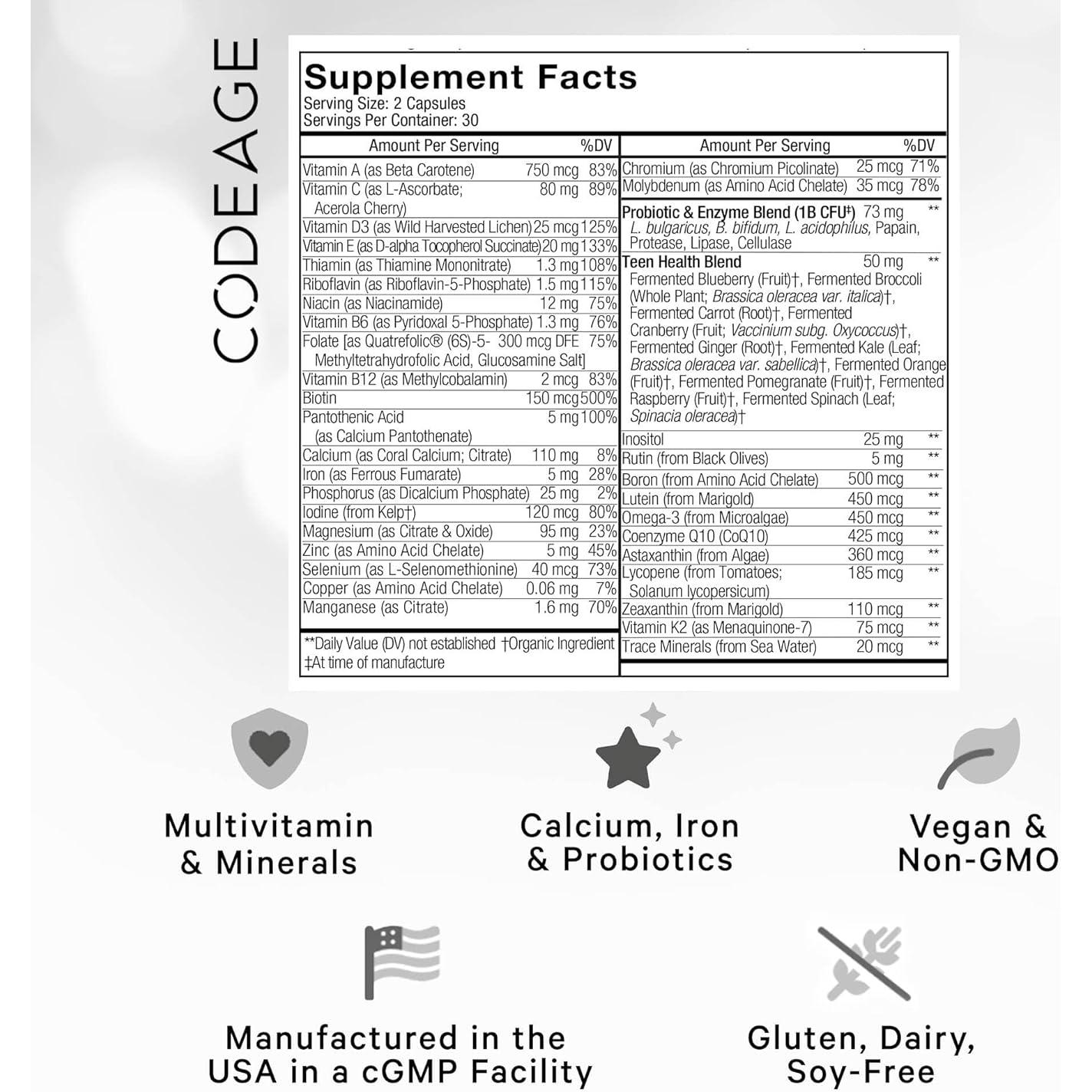 Multivitamínico Codeage para Adolescentes - 60 Cápsulas