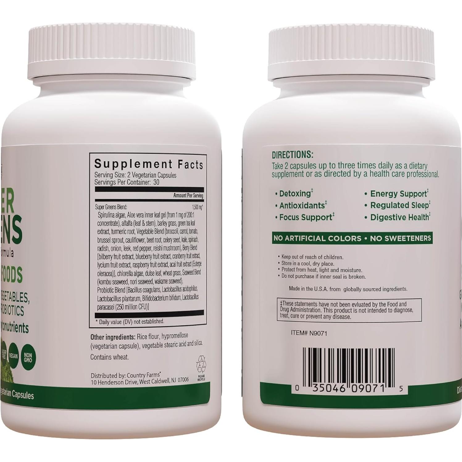 Cápsulas Vegetales Super Greens Country Farms 32 Superalimentos