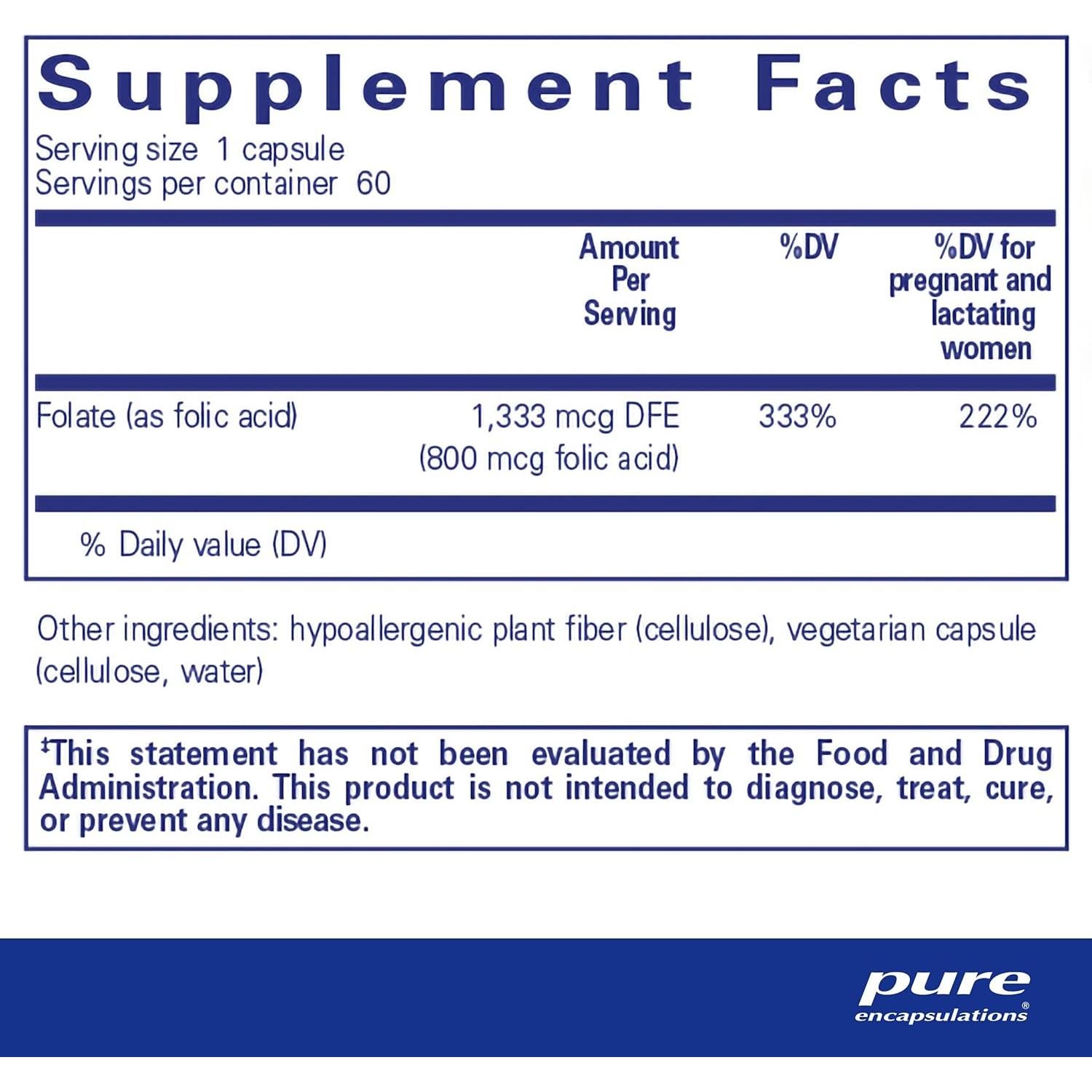 Ácido Fólico Pure Encapsulations | Suplemento Hipoalergénico 60 Cápsulas