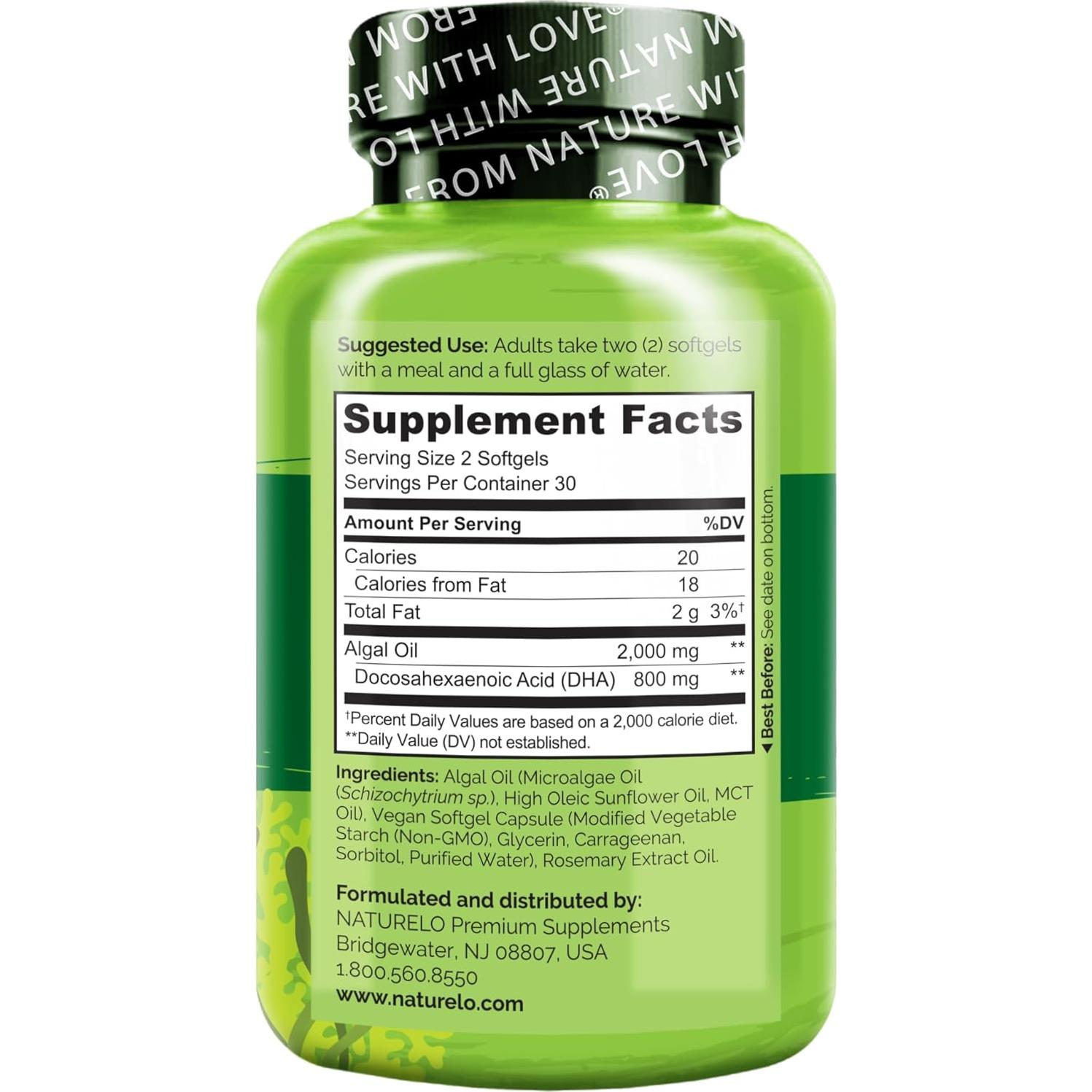 Suplemento DHA Vegano NATURELO - Omega 3 de Algas - 60 Cápsulas