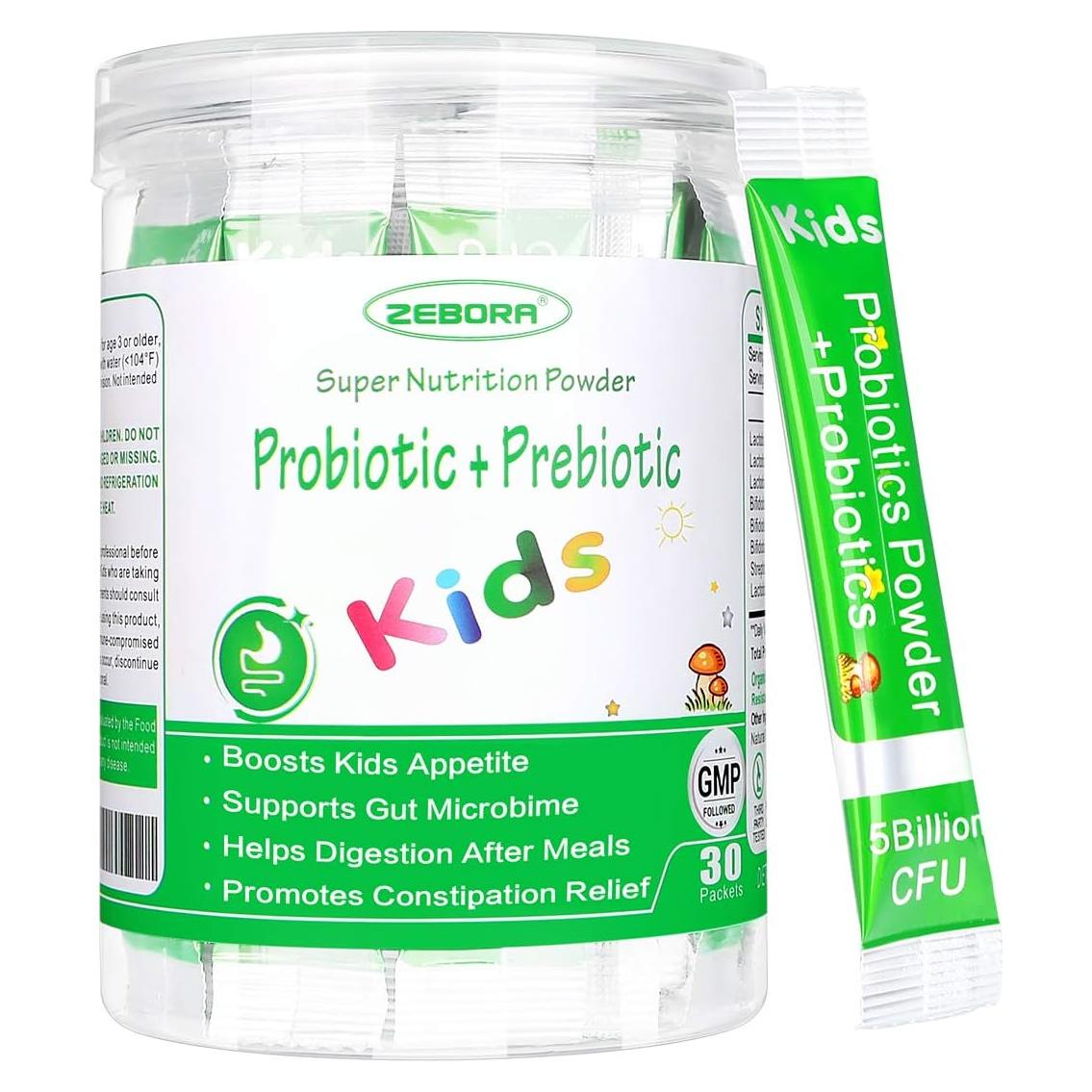 ZEBORA Probioticos y Prebioticos para Niños 3+ 30 Paquetes