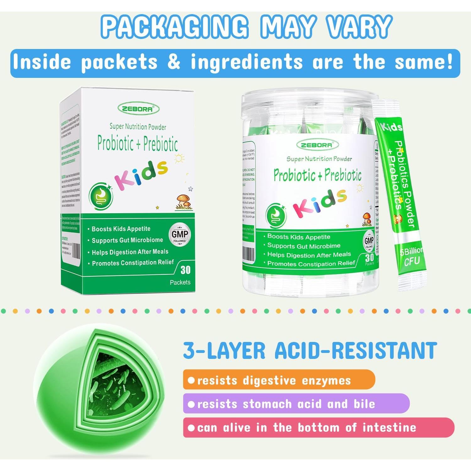 ZEBORA Probioticos y Prebioticos para Niños 3+ 30 Paquetes