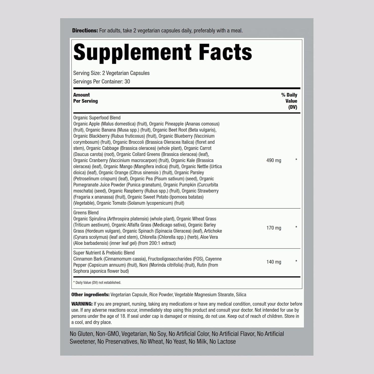 Suplemento de Frutas y Verduras Piping Rock 60 Cápsulas Vegetarianas