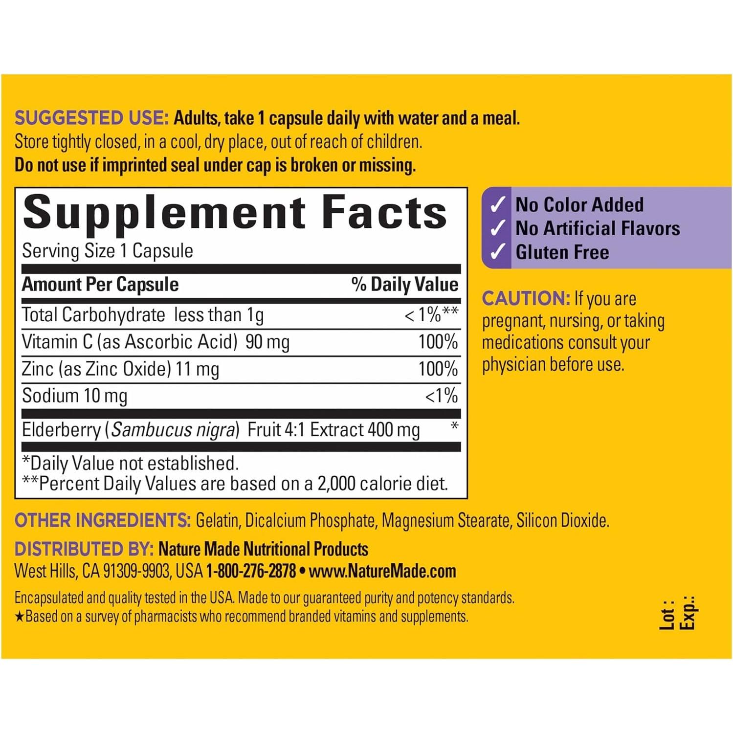 Elderberry Nature Made 400 mg con Vitamina C y Zinc - 60 Cápsulas