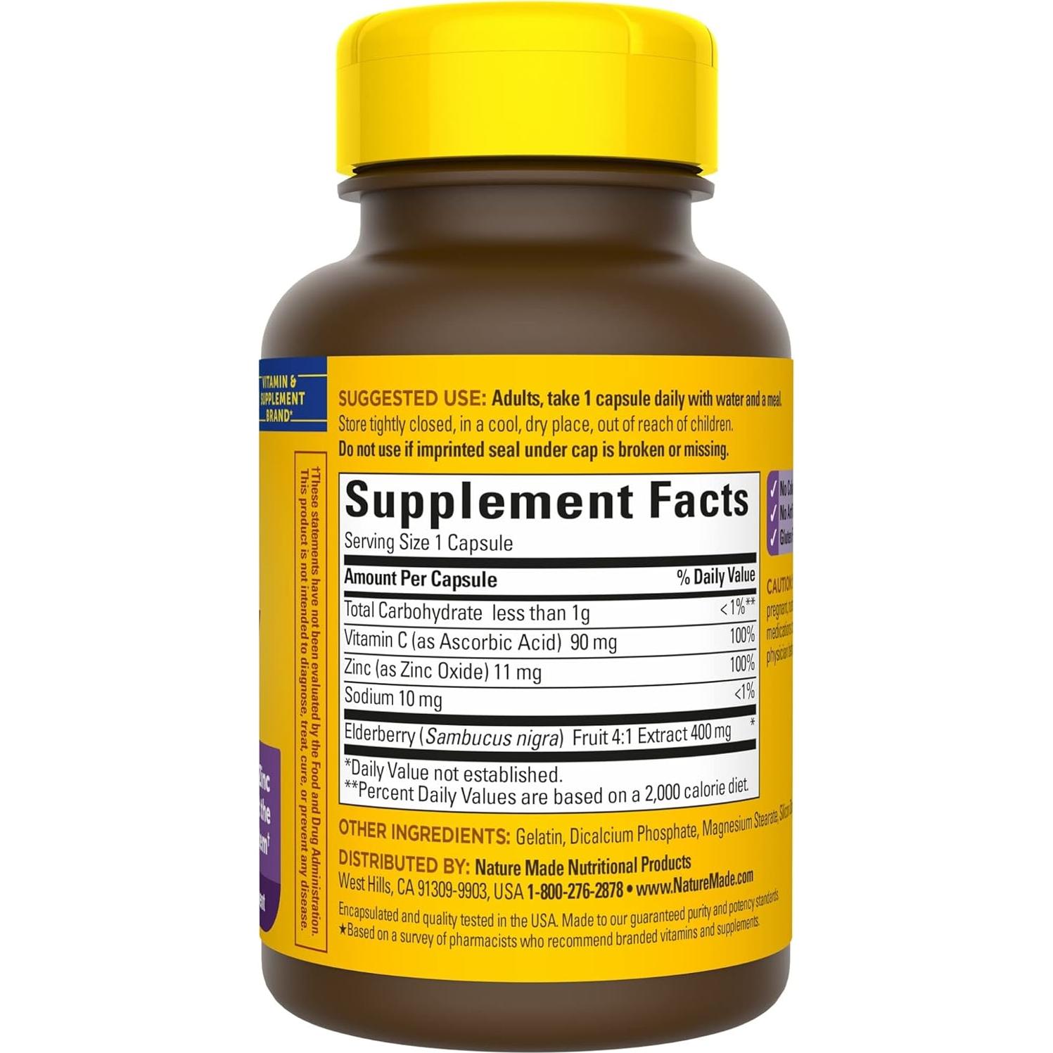 Elderberry Nature Made 400 mg con Vitamina C y Zinc - 60 Cápsulas