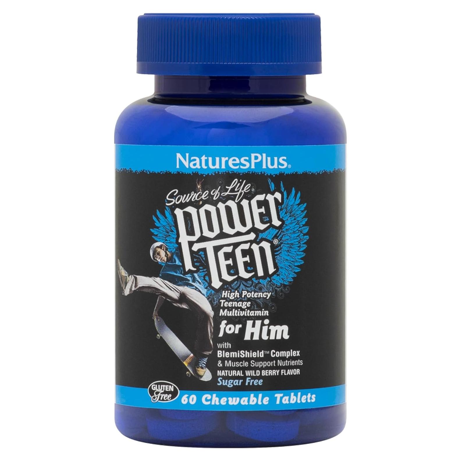 Natures Plus Power Teen para Él - 60 Tabletas Masticables Fruta Silvestre - Multivitamínico Vegetariano Sin Azúcar