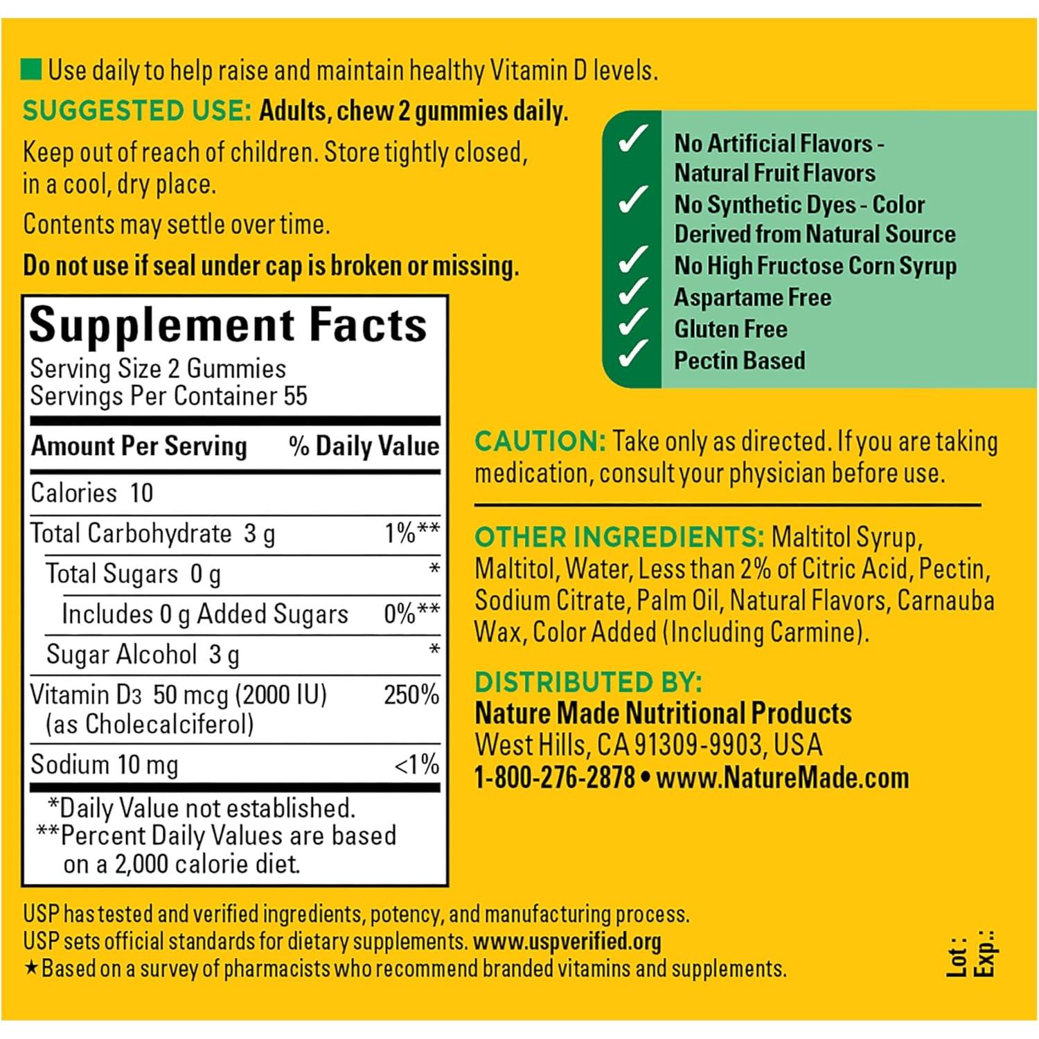Gominolas de Vitamina D3 Sin Azúcar Nature Made 2000 IU 110 Unidades