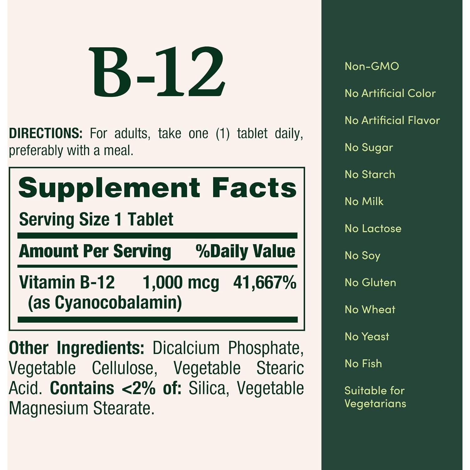 Suplemento de Vitamina B12 Nature's Bounty 1000 mcg 200 Tabletas