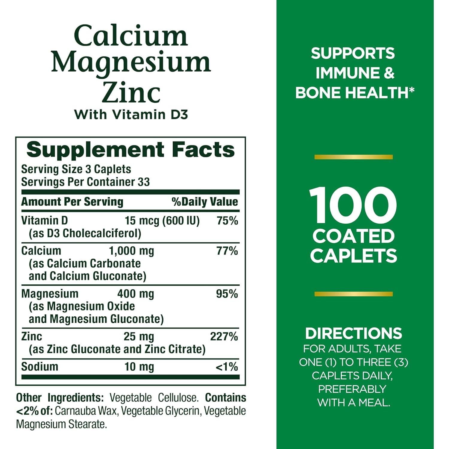 Nature's Bounty Calcio Magnesio Zinc 100 Caplets Salud Ósea