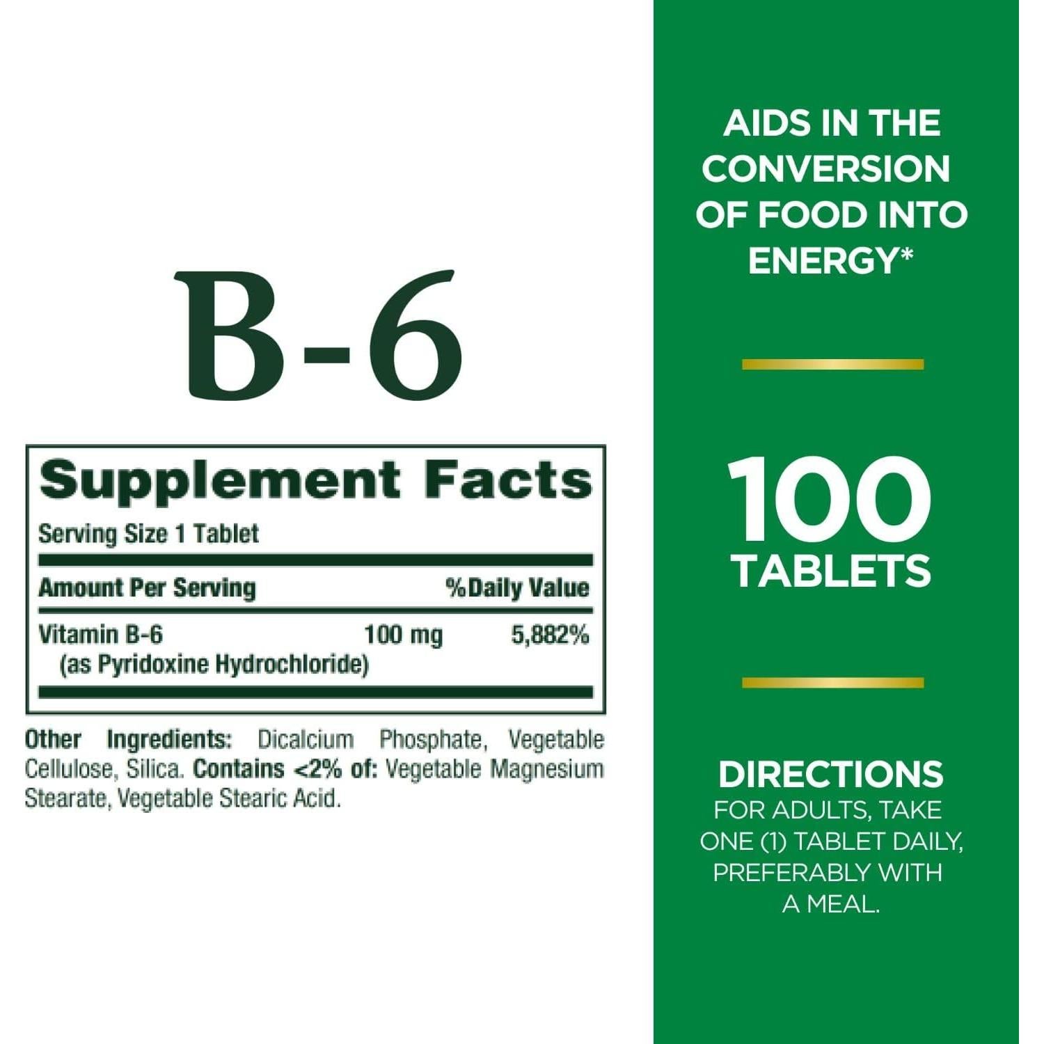 Tabletas de Vitamina B6 Nature's Bounty 100mg 100 Ct - Energía y Salud