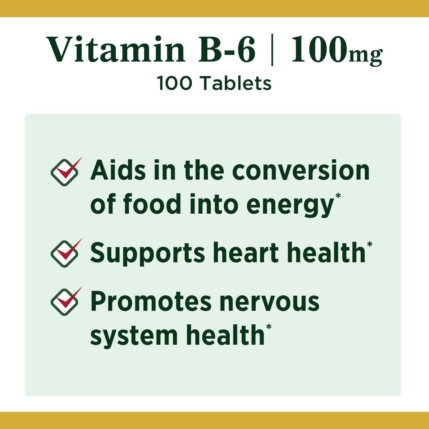 Tabletas de Vitamina B6 Nature's Bounty 100mg 100 Ct - Energía y Salud