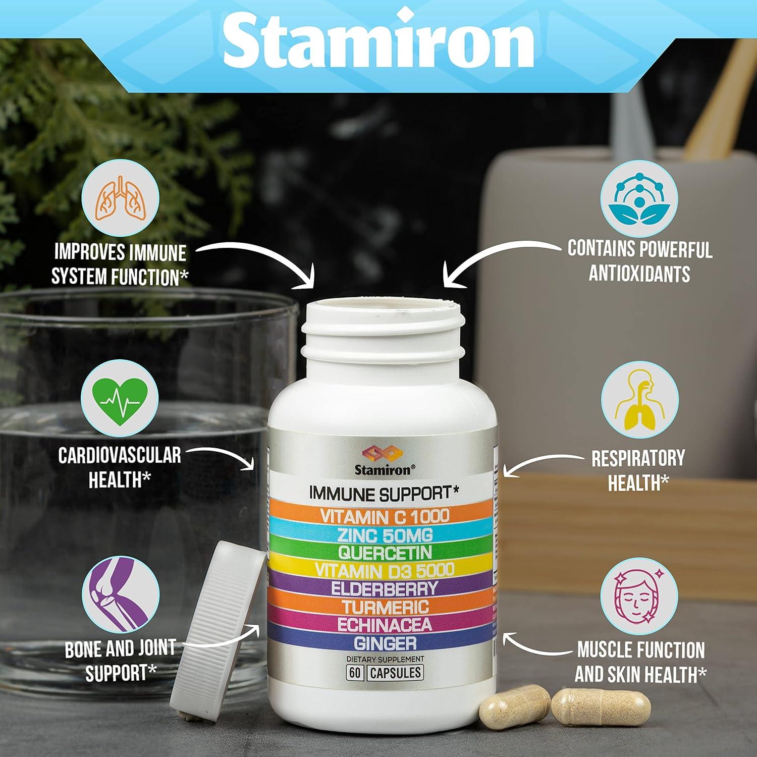 Suplemento Inmunológico 8 en 1 Stamiron - Vitamina C 1000mg, D3 5000UI, Zinc, Quercetina