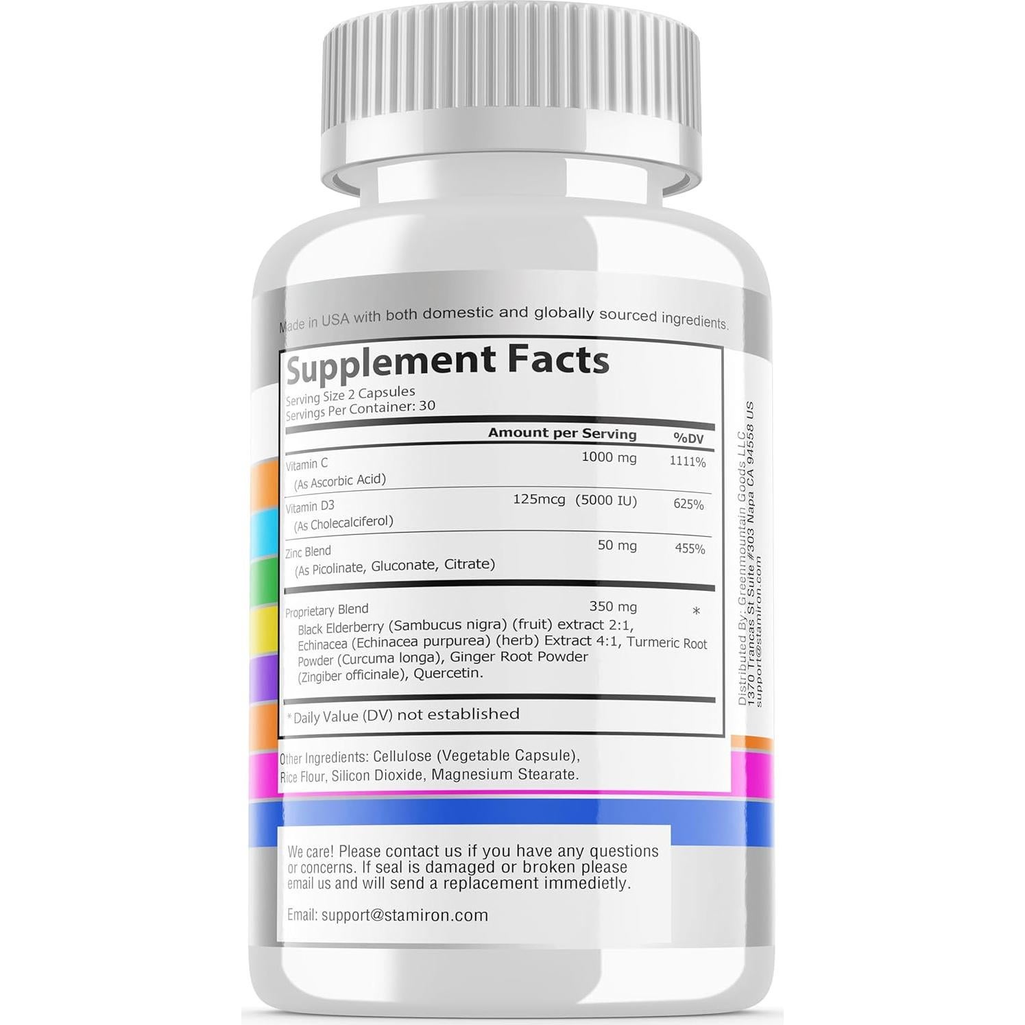 Suplemento Inmunológico 8 en 1 Stamiron - Vitamina C 1000mg, D3 5000UI, Zinc, Quercetina