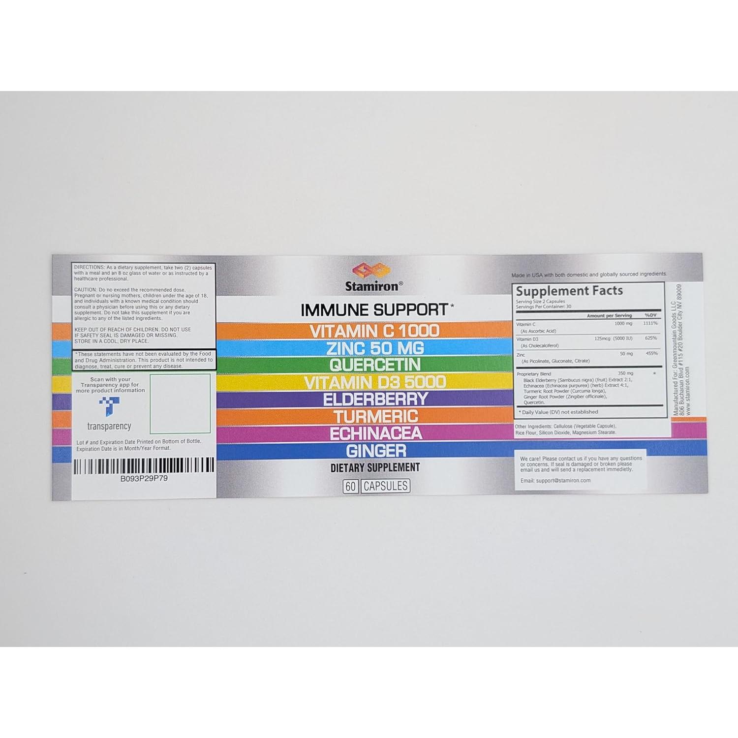 Suplemento Inmunológico 8 en 1 Stamiron - Vitamina C 1000mg, D3 5000UI, Zinc, Quercetina