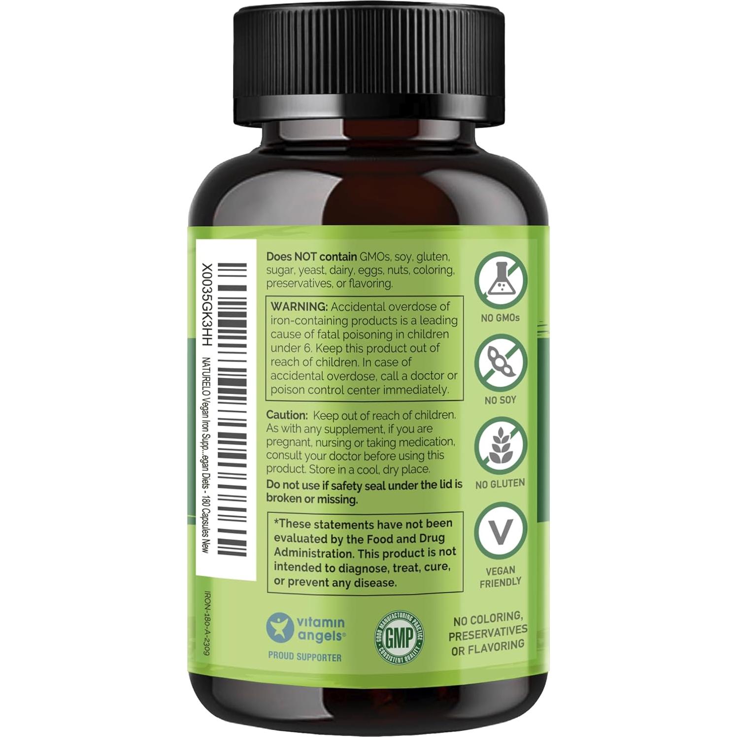 Suplemento de Hierro Vegano NATURELO 180 Cápsulas con Vitamina C